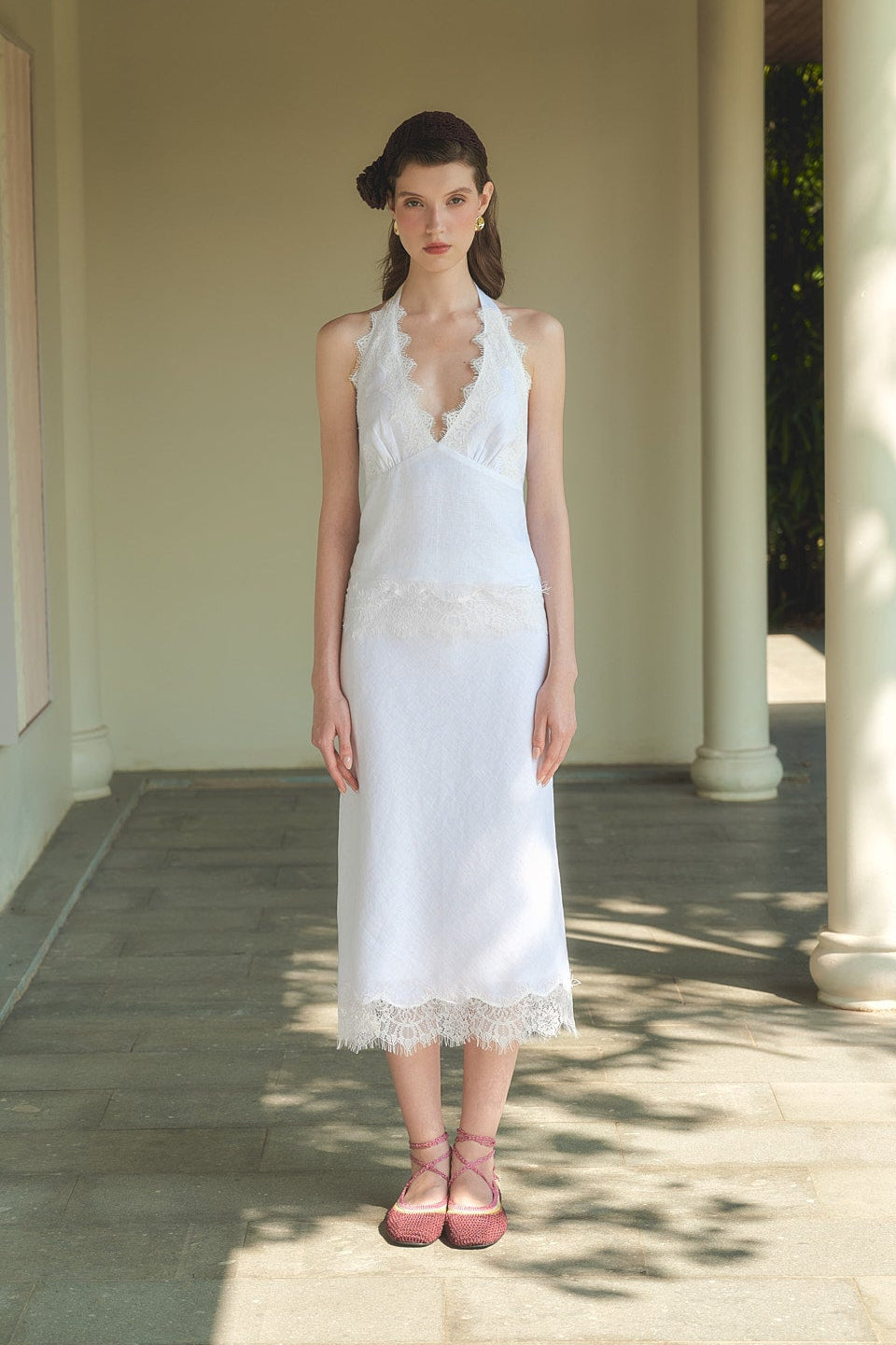 MADELYN LACE LINEN MIDI SKIRT - WHITE