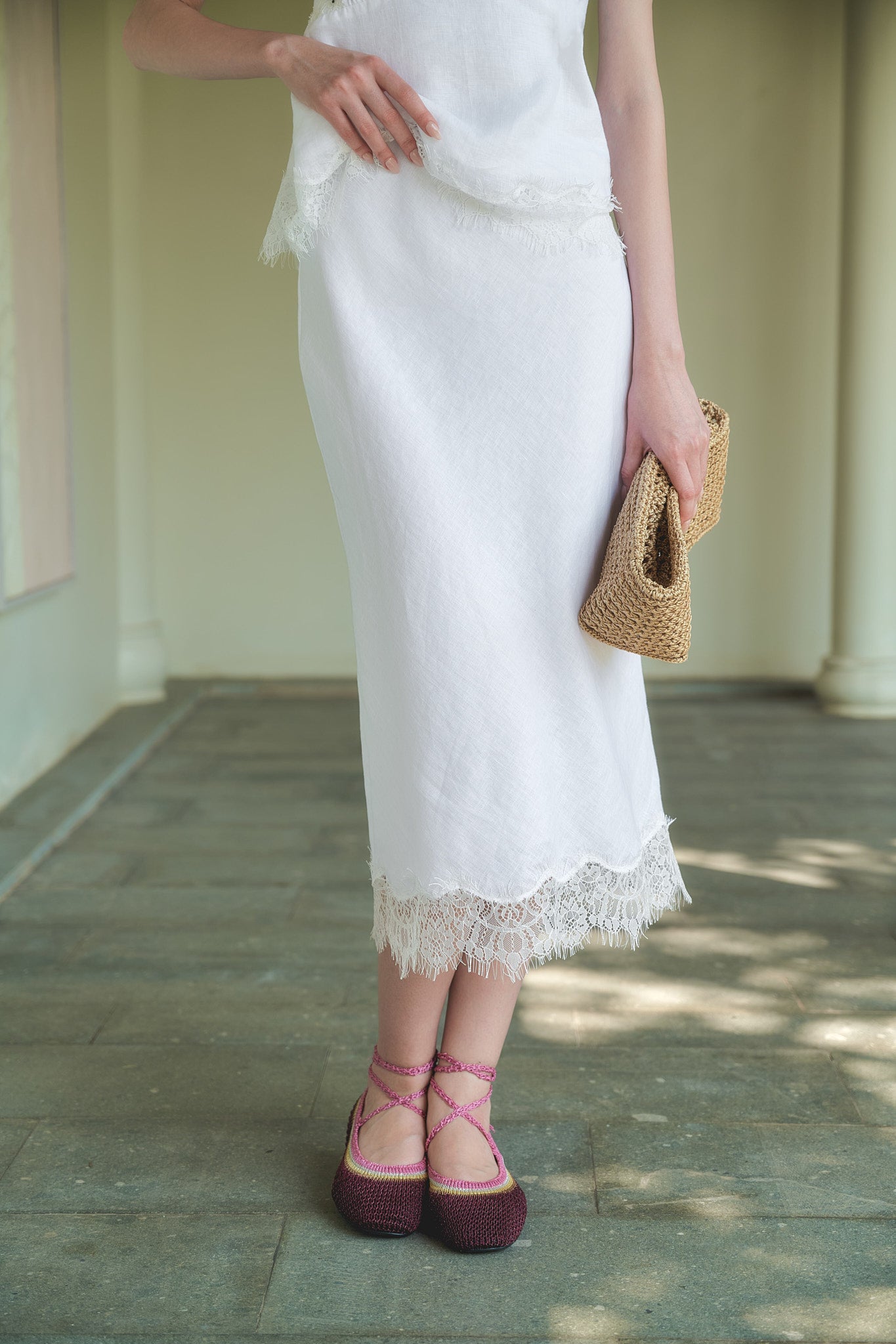 MADELYN LACE LINEN MIDI SKIRT - WHITE