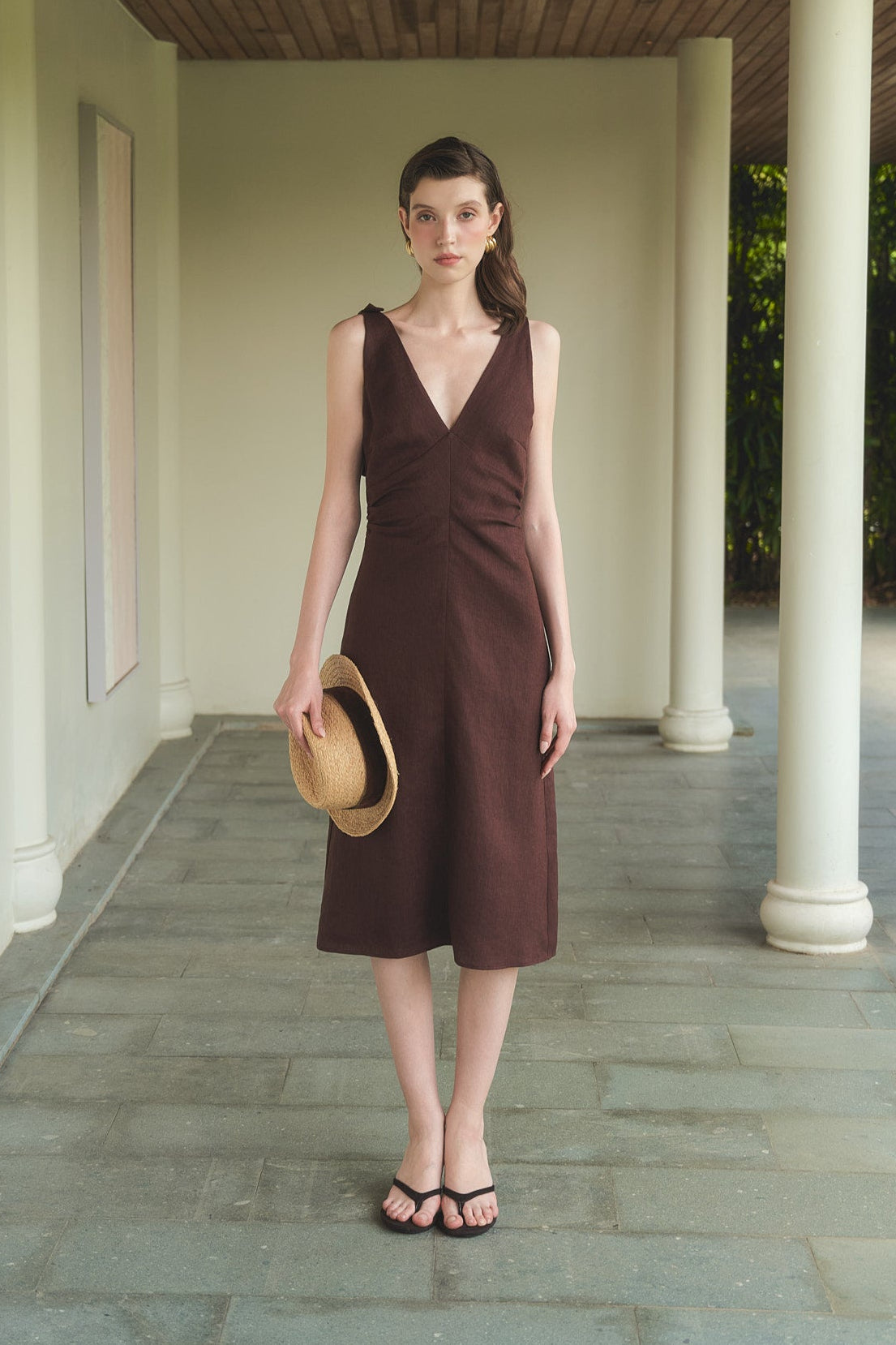 MARGOT LINEN MIDI DRESS - CHOCOLATE