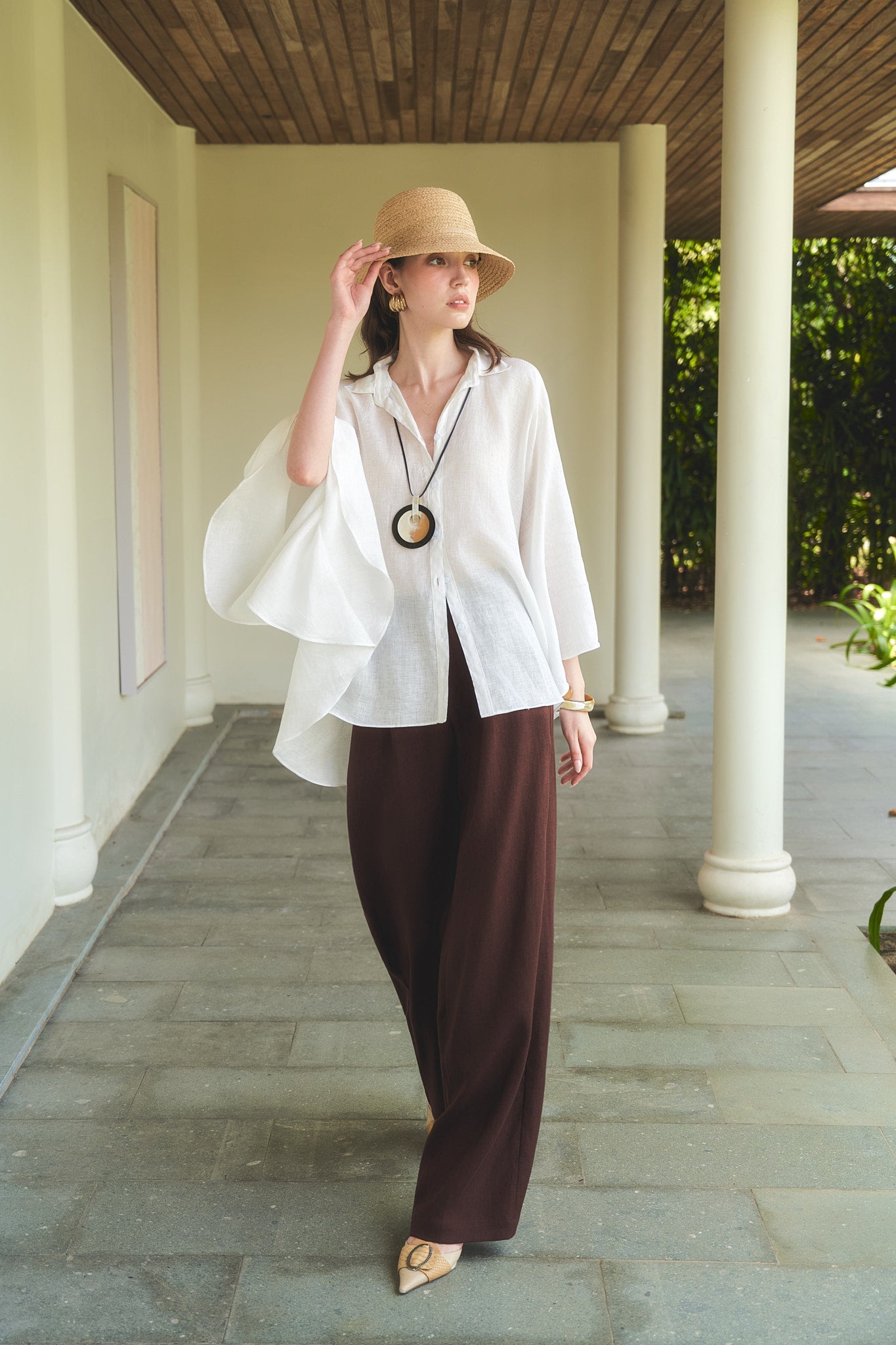 LOOSE LINEN TROUSERS - CHOCOLATE