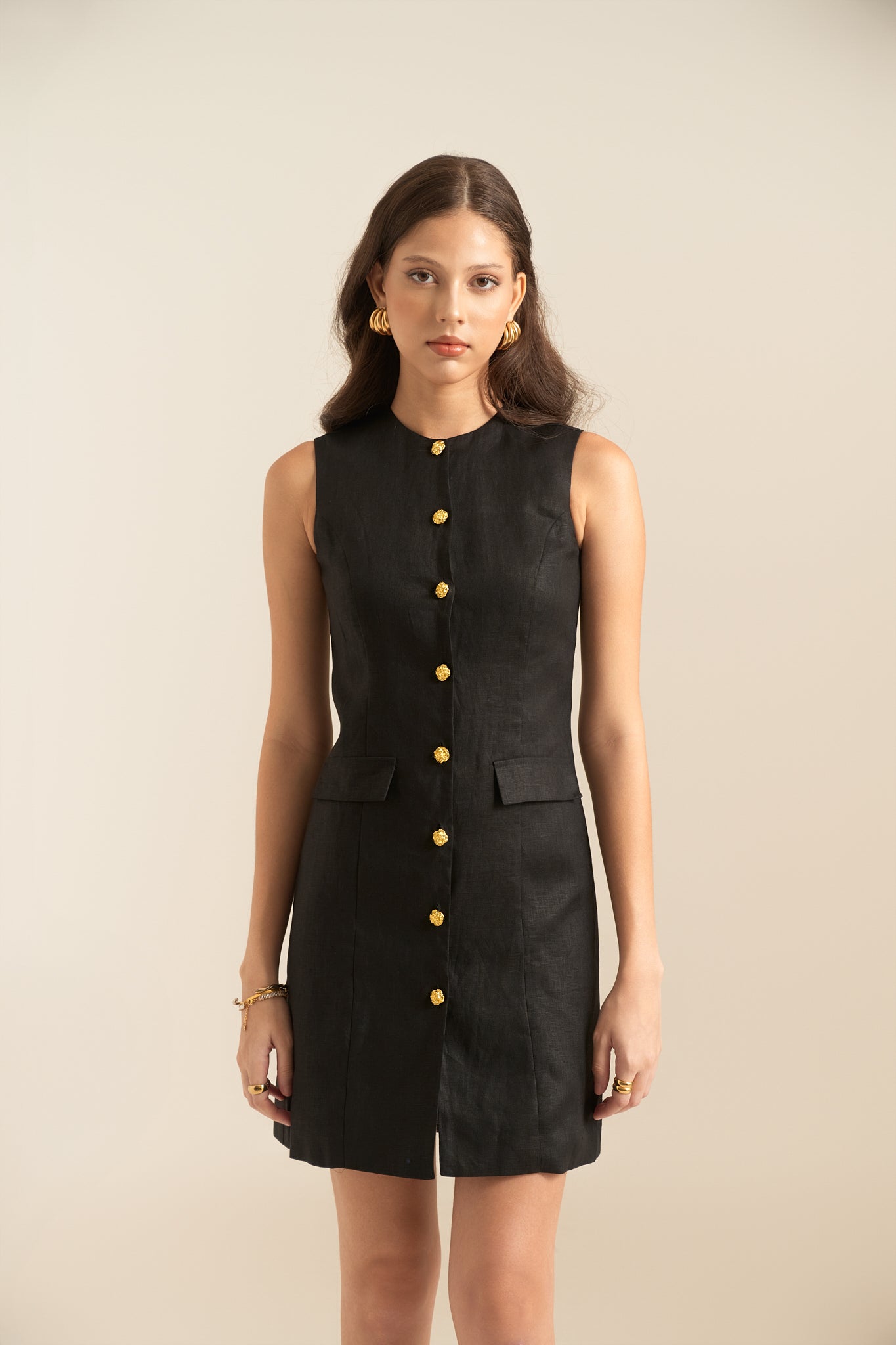 HARPER LINEN MINI DRESS - BLACK
