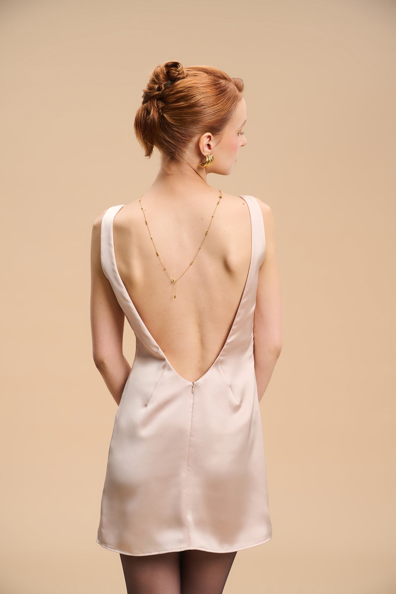 ESTELLE OPEN-BACK SATIN DRESS - Creamrose Pearl