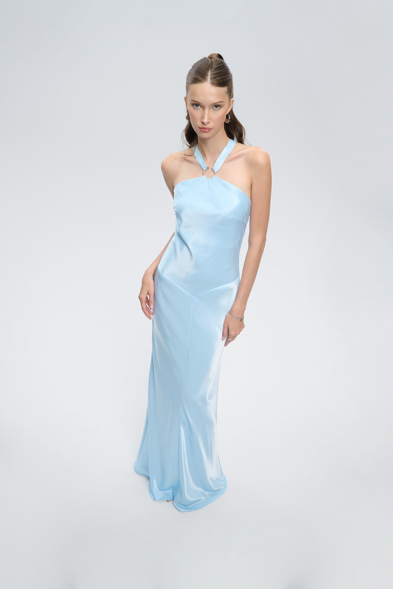 GRACE HALTERNECK SATIN GOWN - Blue Topaz