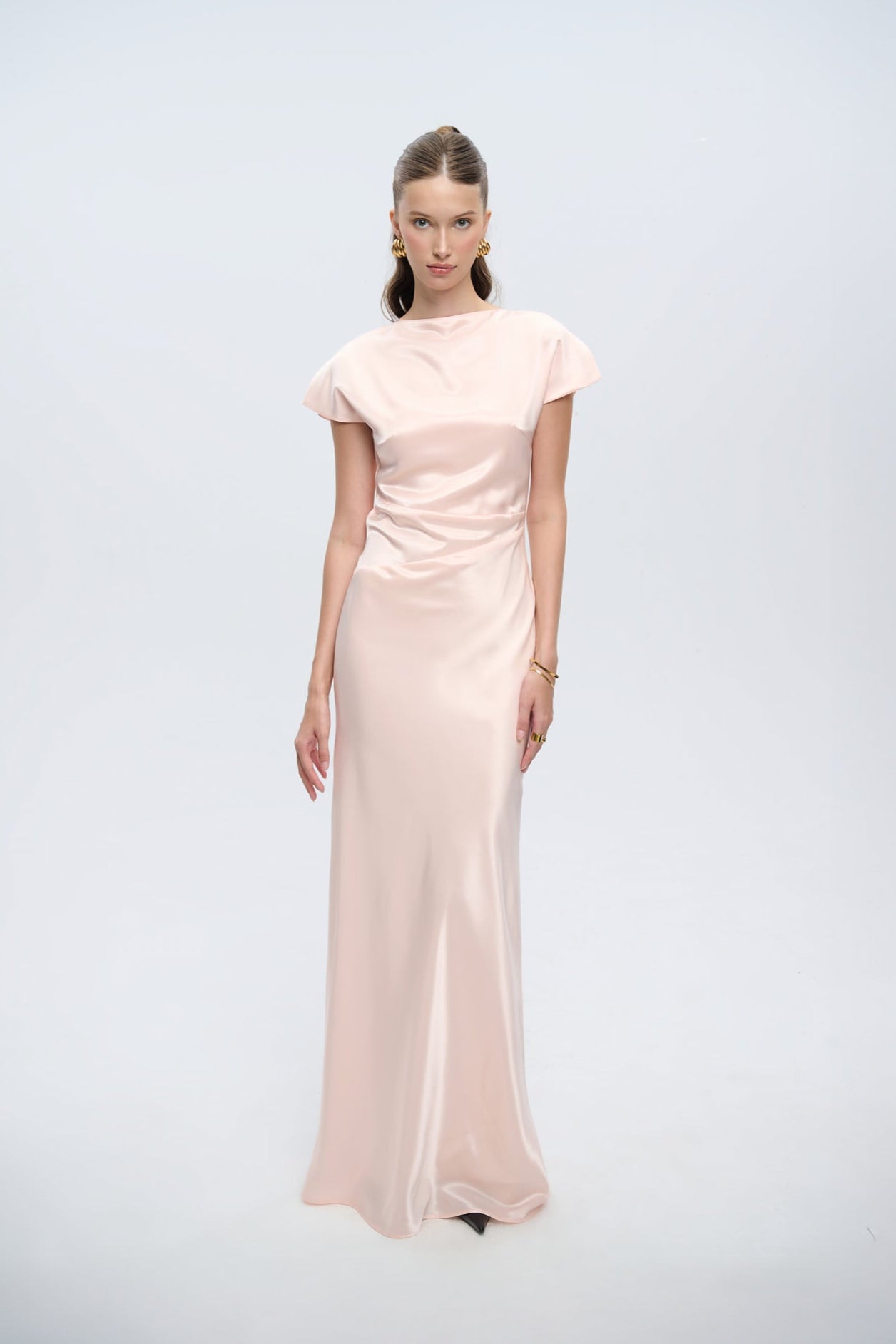 satin pearl open back dress in pink Jovani D5054 size 8 Pink Fitted Backless Satin Prom Dress Crystal Bow Bodice Formal Evening Gown