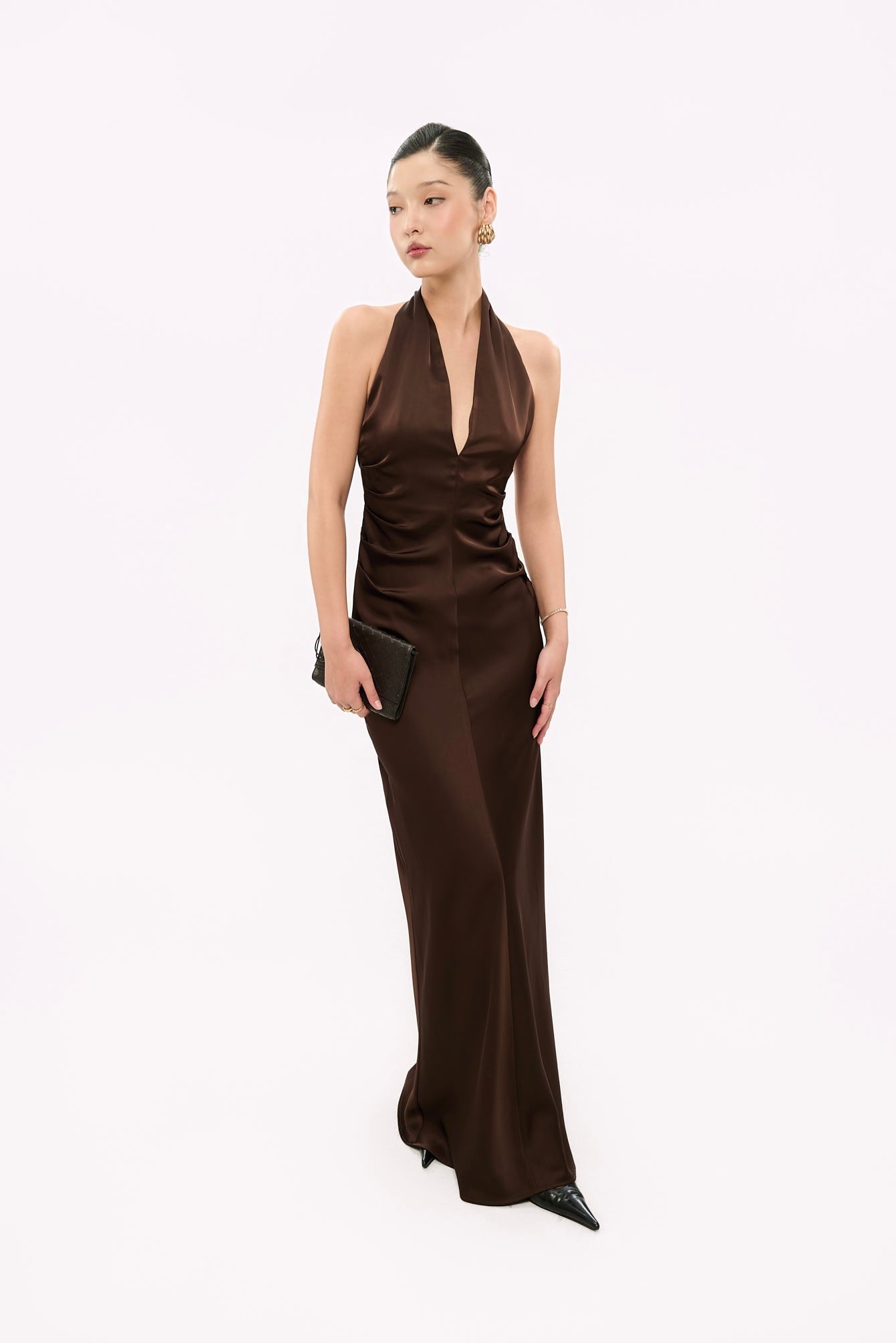 MARGARET V-NECK SATIN GOWN - BROWN