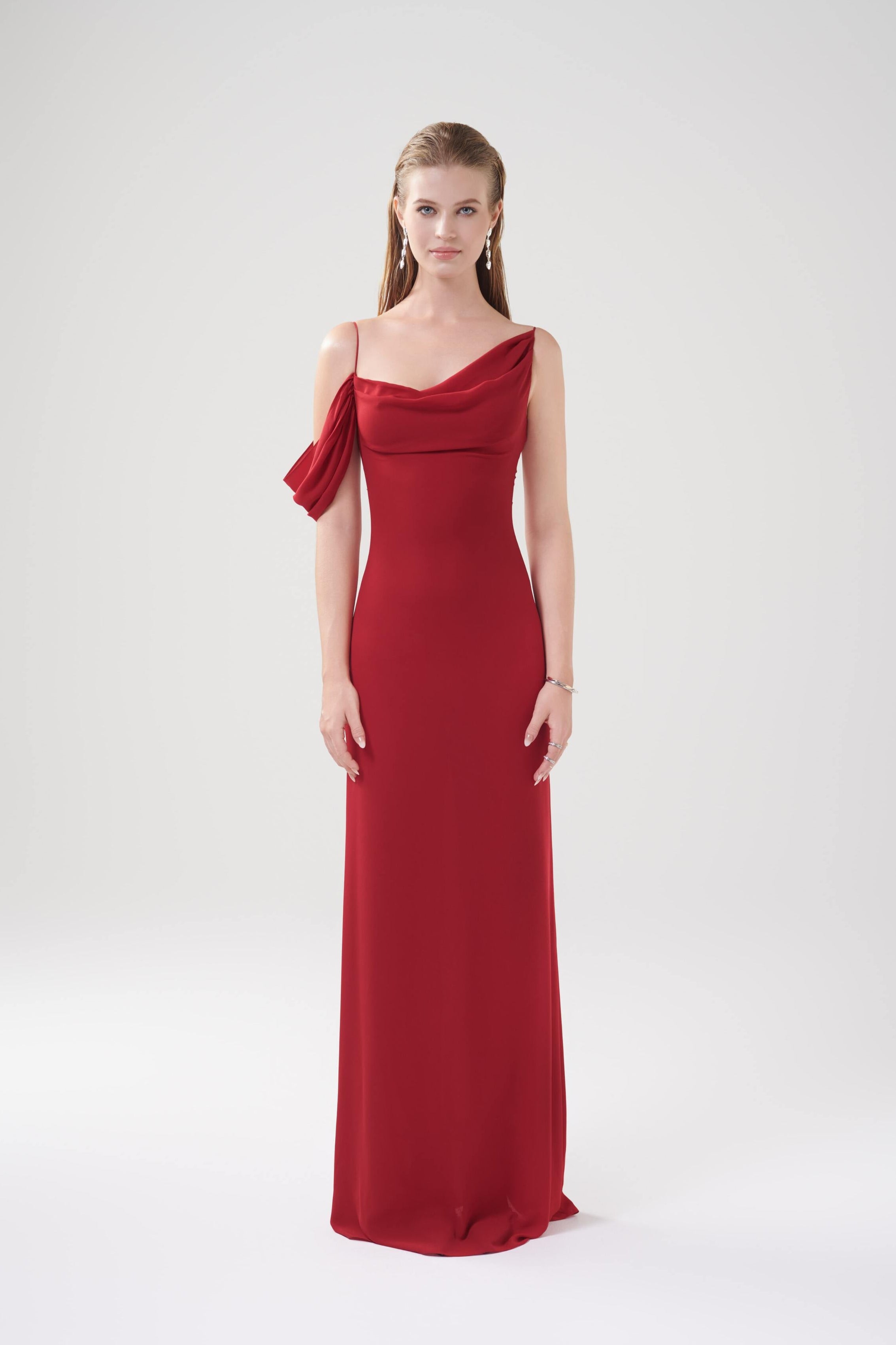 VIVIAN RUFFLE CHIFFON DRESS - Cherry
