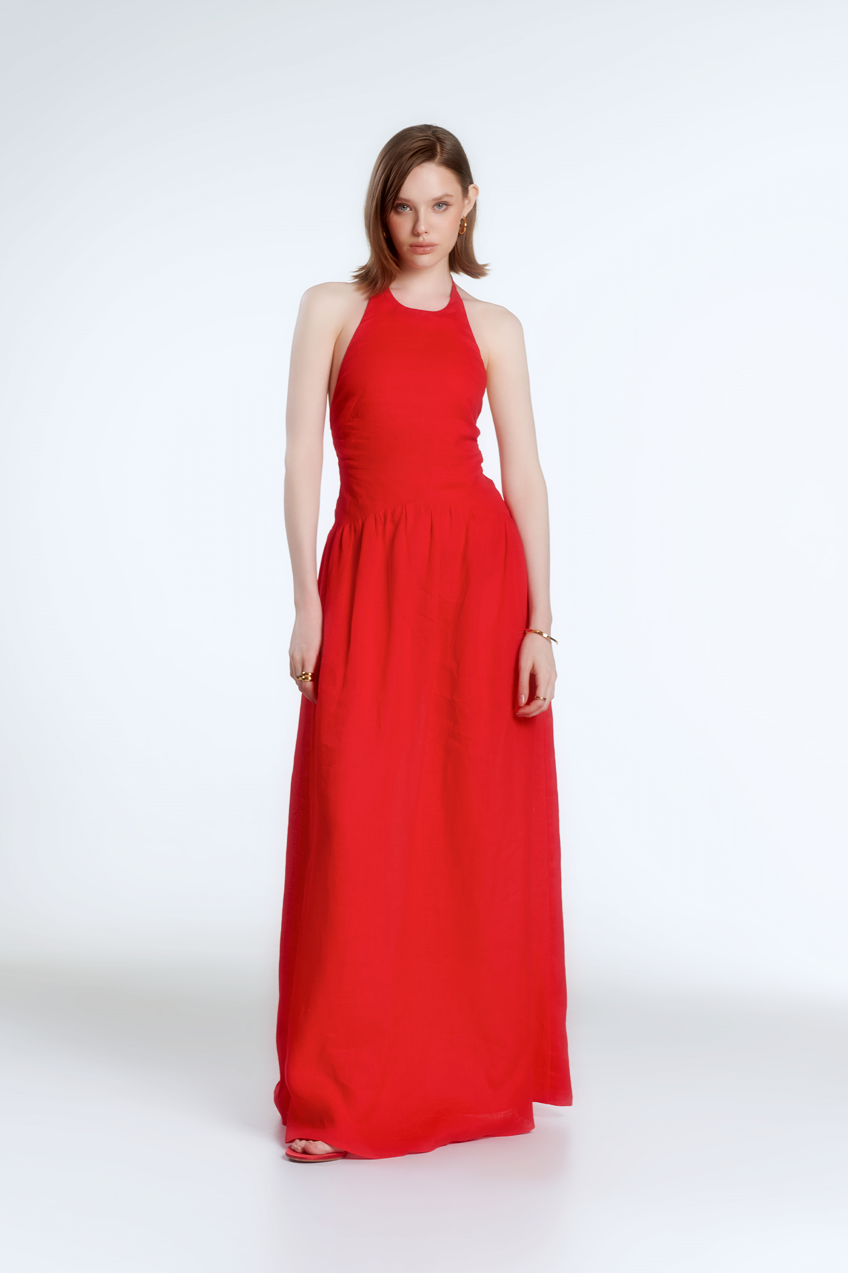 JASMINE HALTERNECK LINEN DRESS - RED