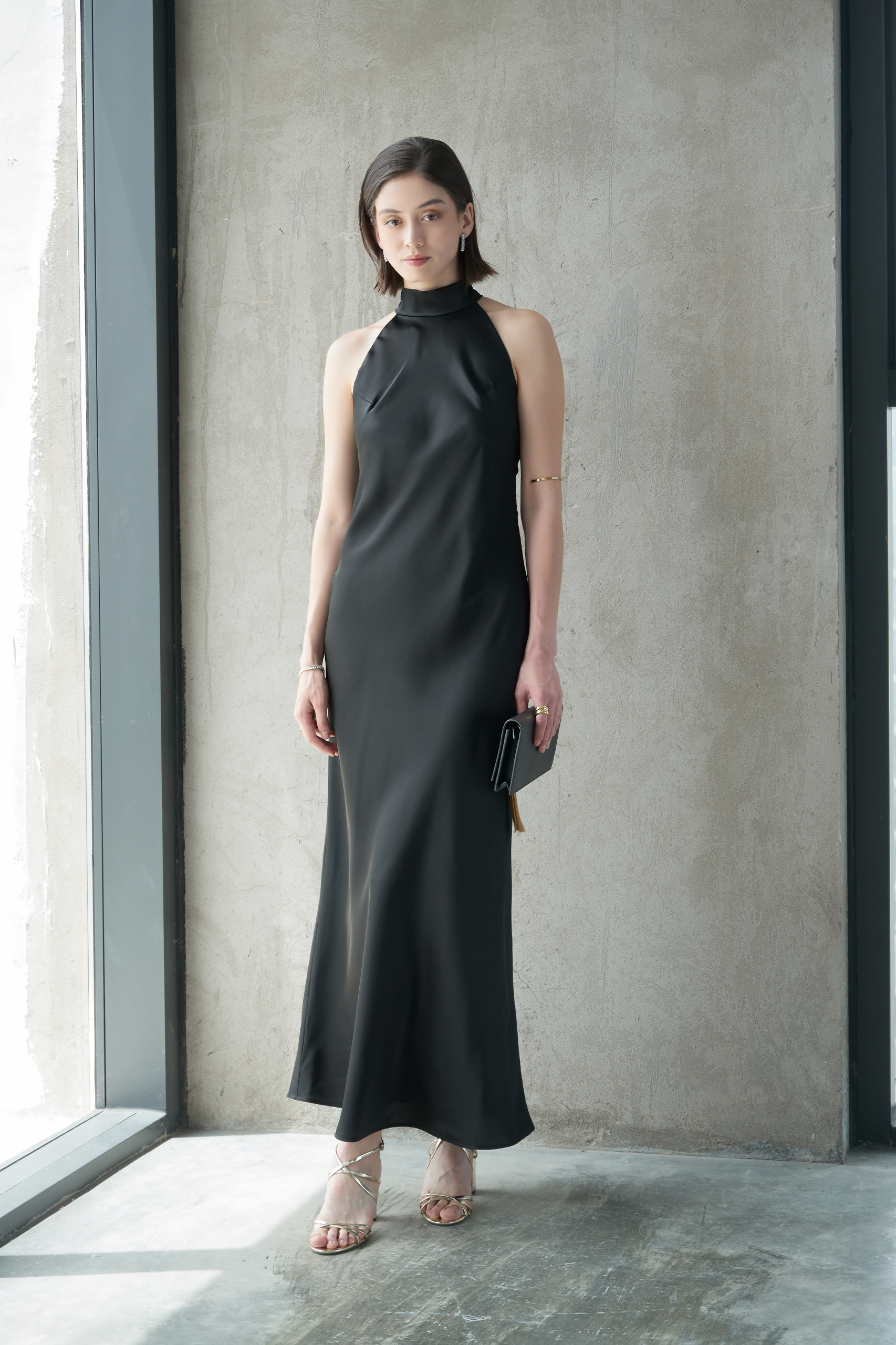 HALTERNECK OPEN-BACK SILK DRESS - BLACK