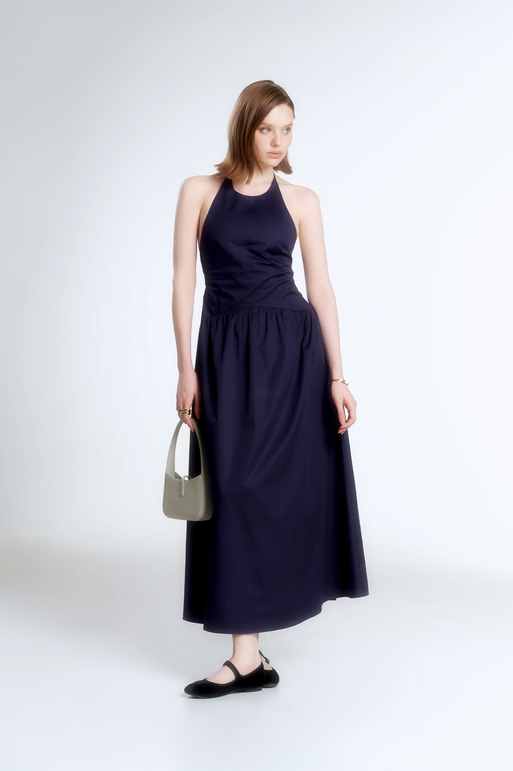 JASMINE HALTERNECK POPLIN DRESS - NAVY