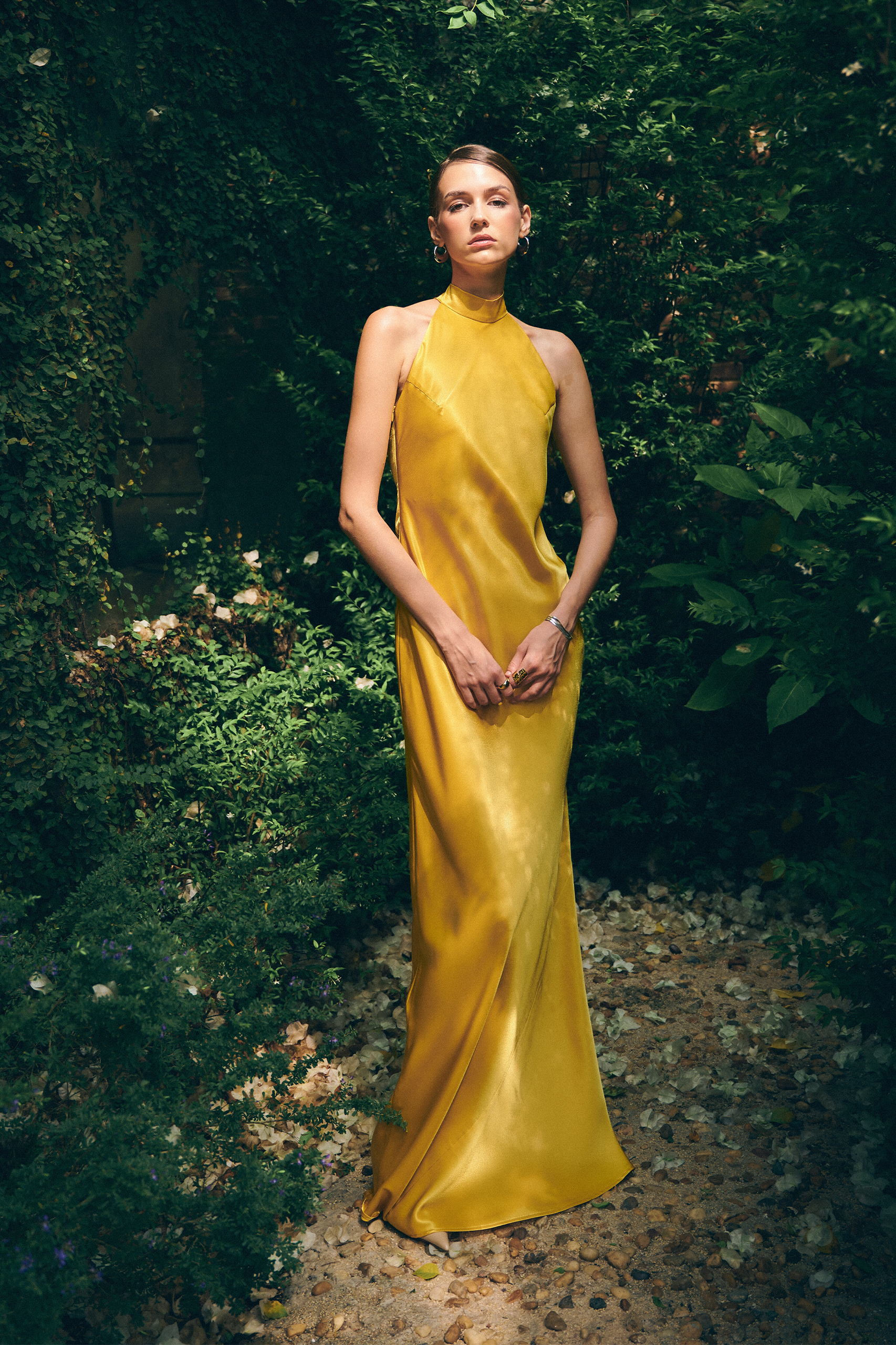 GLORIA HALTERNECK SATIN GOWN - Azalea Gold