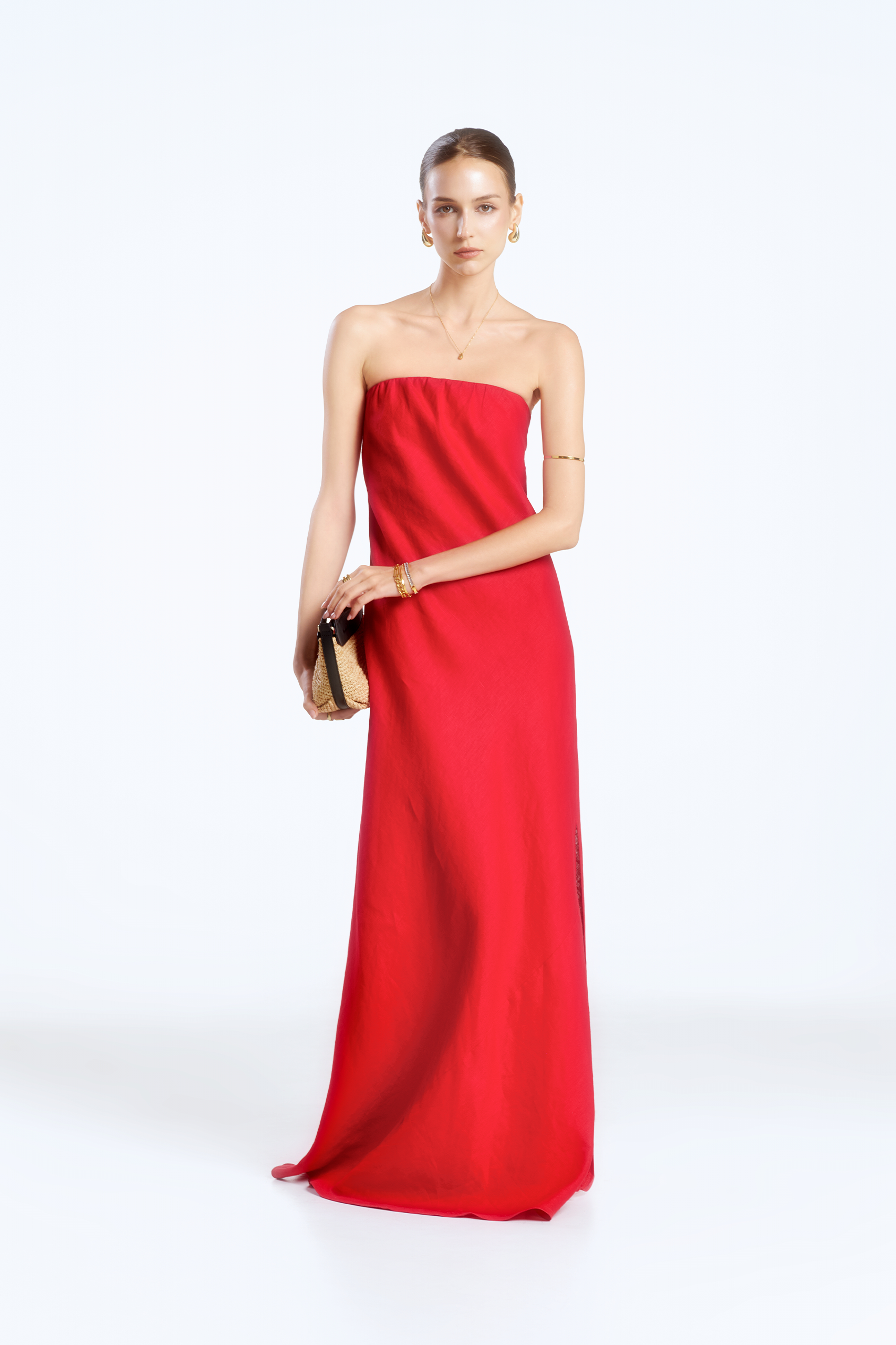 MIA STRAPLESS LINEN DRESS - RED WINE