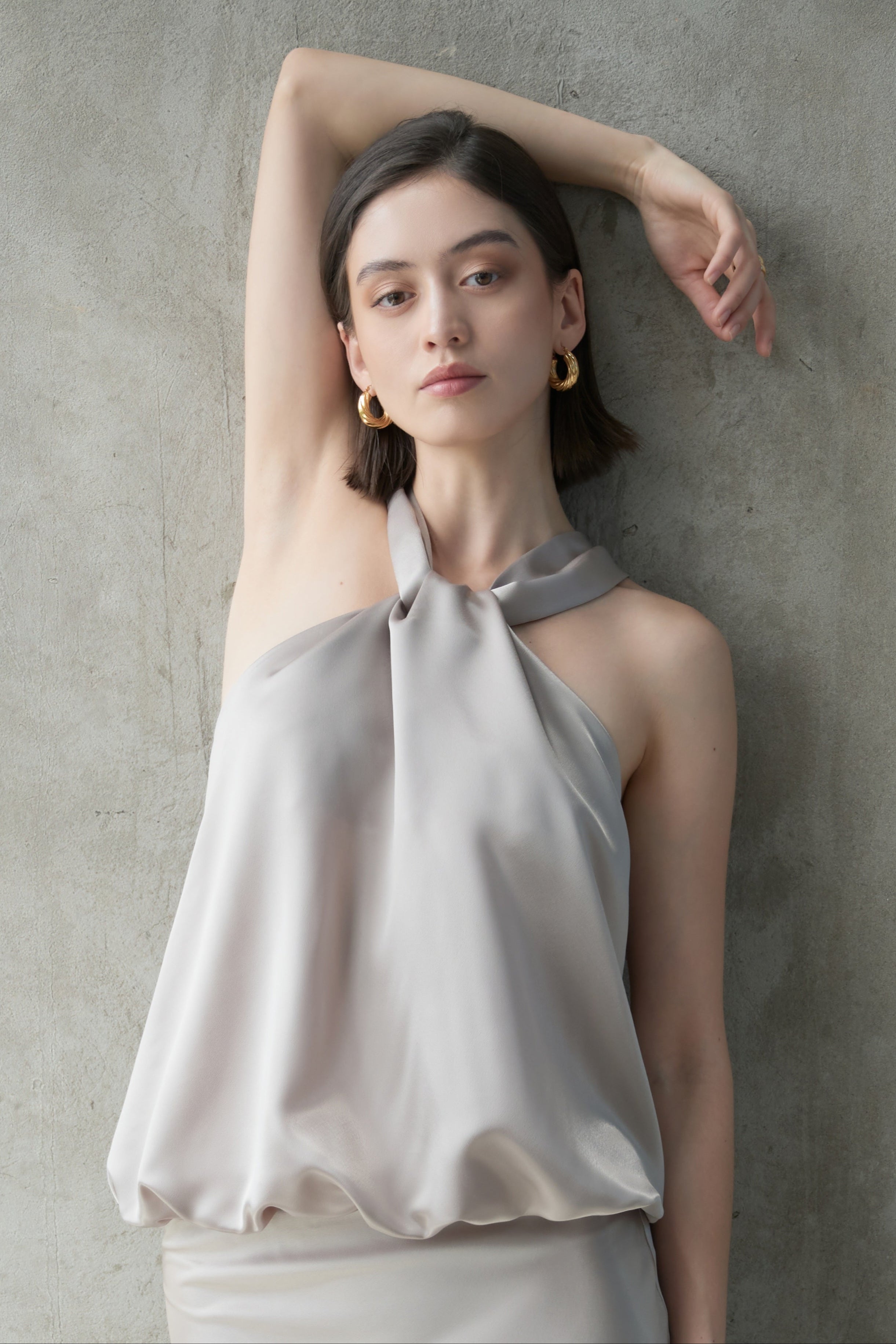 KNOT HALTERNECK SILK-CHARMEUSE TOP - SILVER