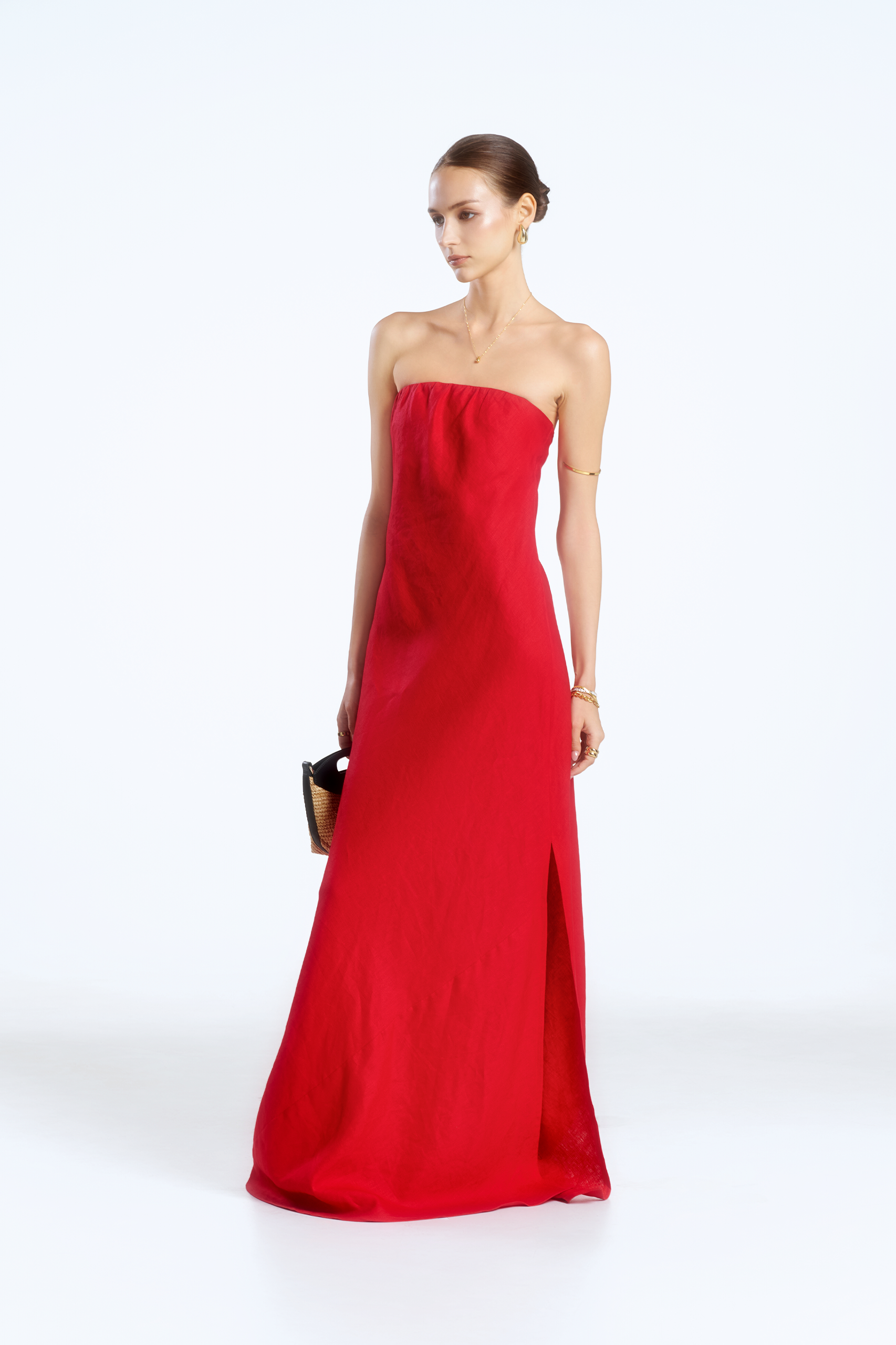 MIA STRAPLESS LINEN DRESS - RED WINE