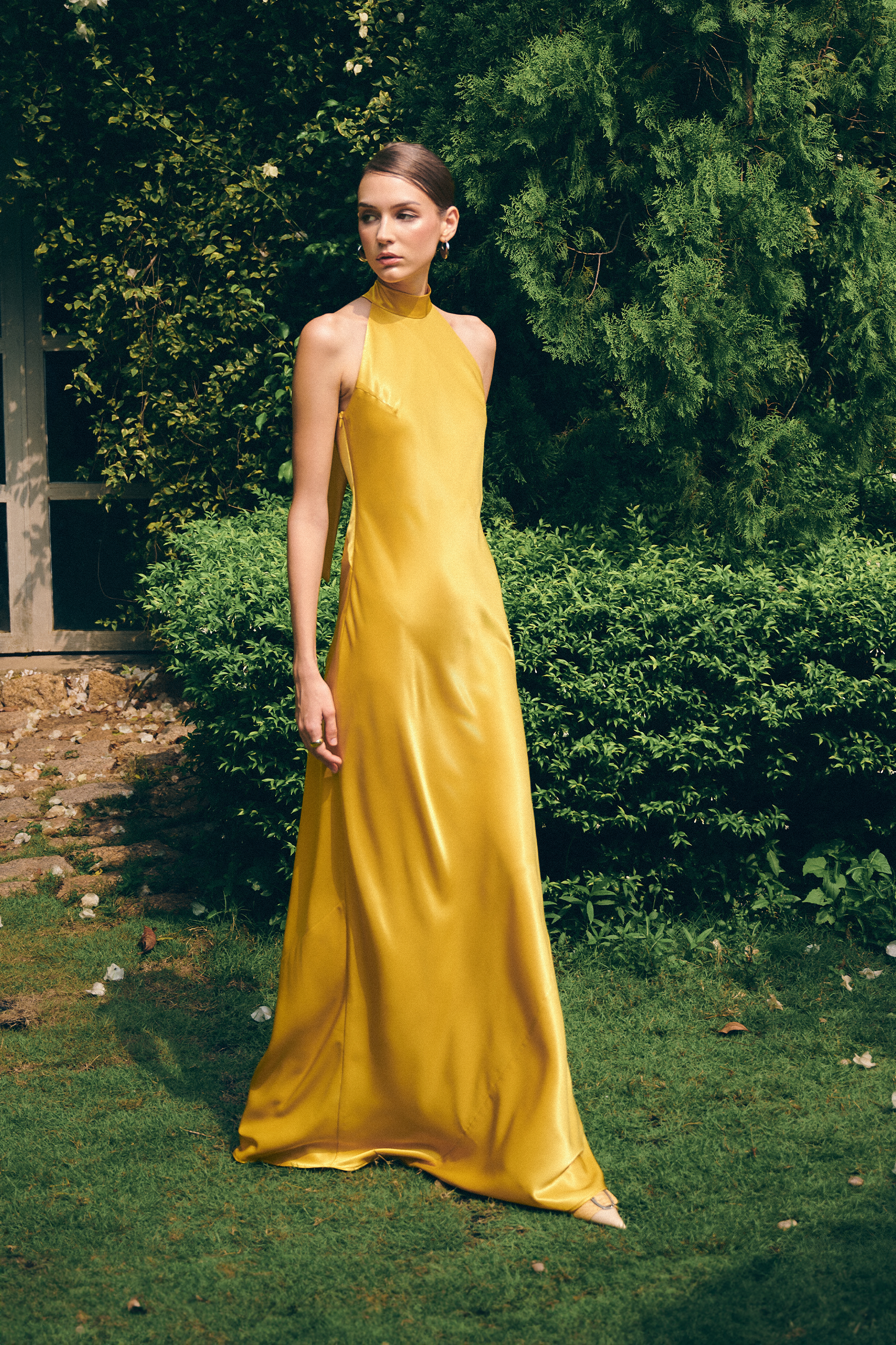 GLORIA HALTERNECK SATIN GOWN - Azalea Gold