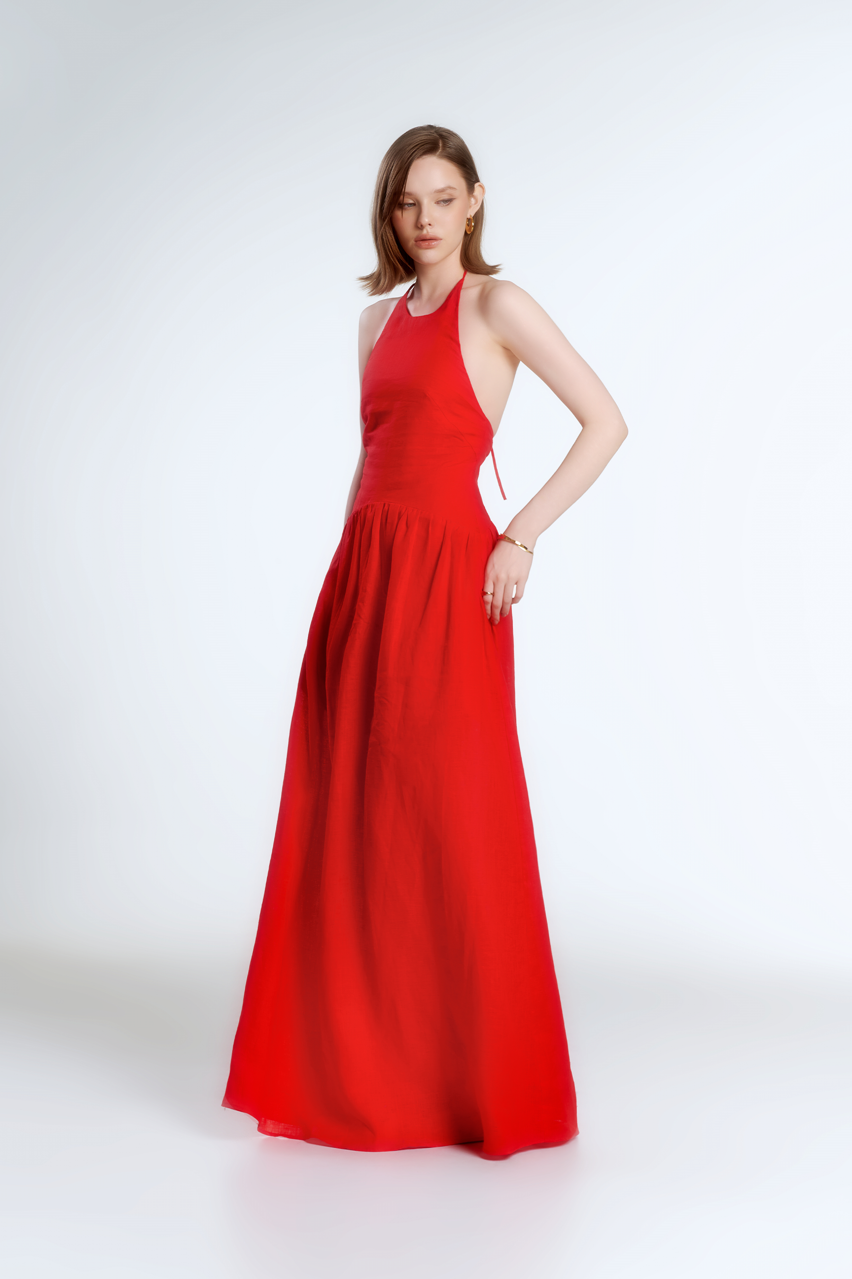 JASMINE HALTERNECK LINEN DRESS - RED
