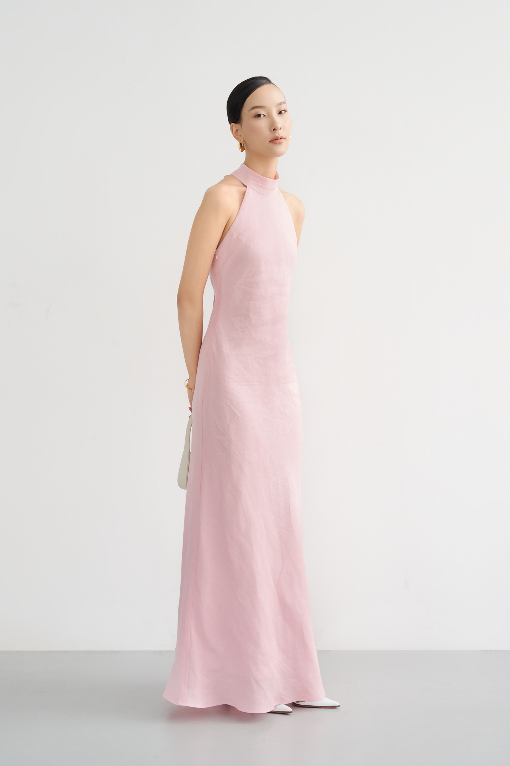 GLORIA HALTERNECK LINEN GOWN - Baby Pink