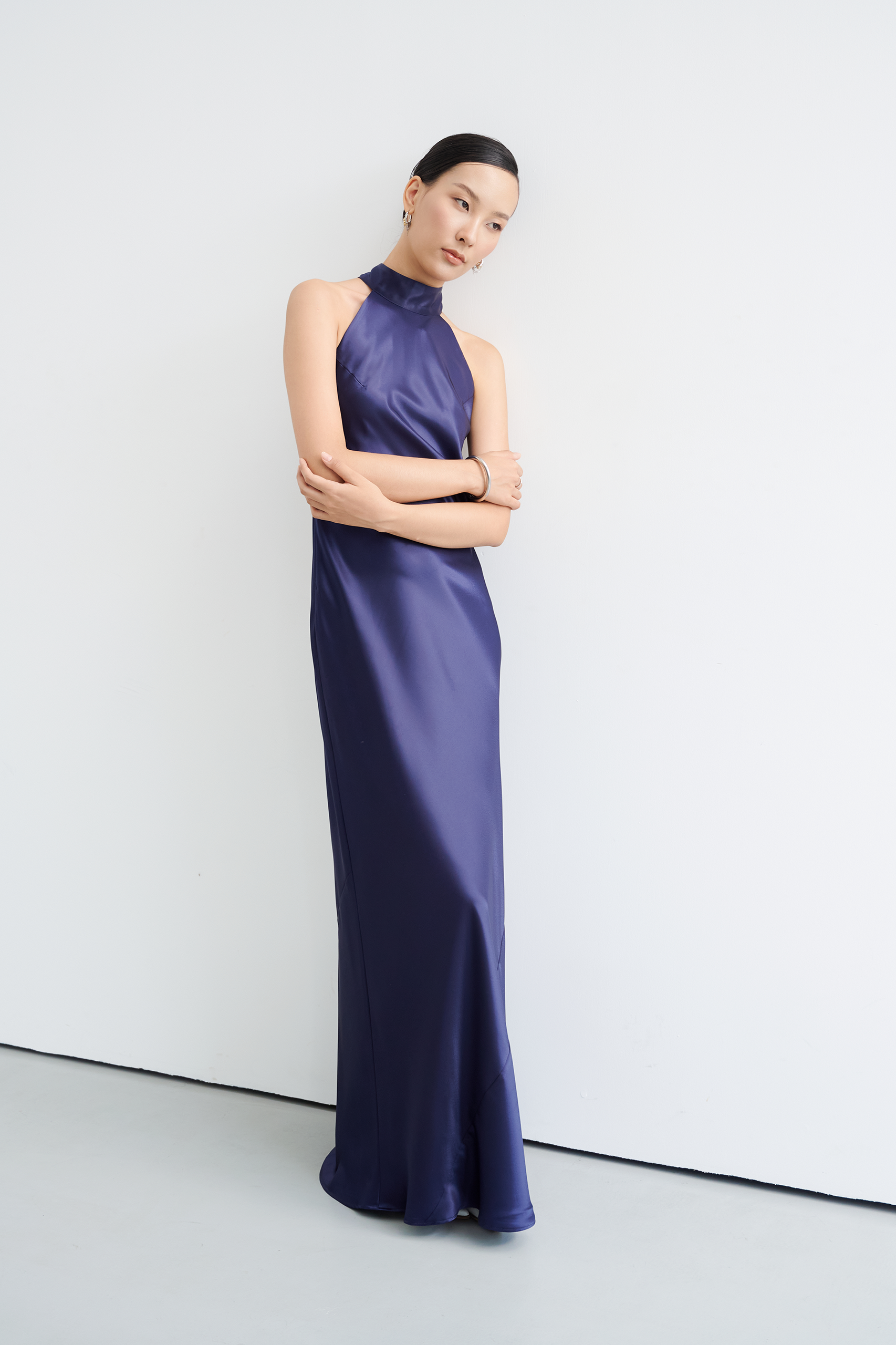 GLORIA HALTERNECK SATIN GOWN - NAVY