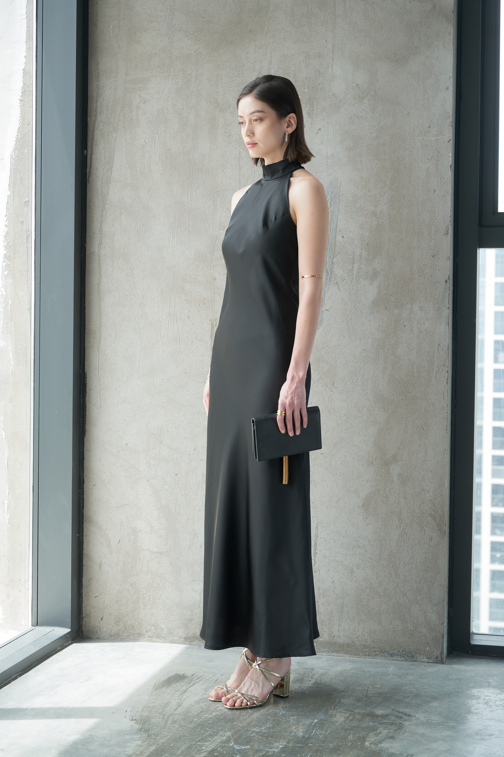 HALTERNECK OPEN-BACK SILK DRESS - BLACK