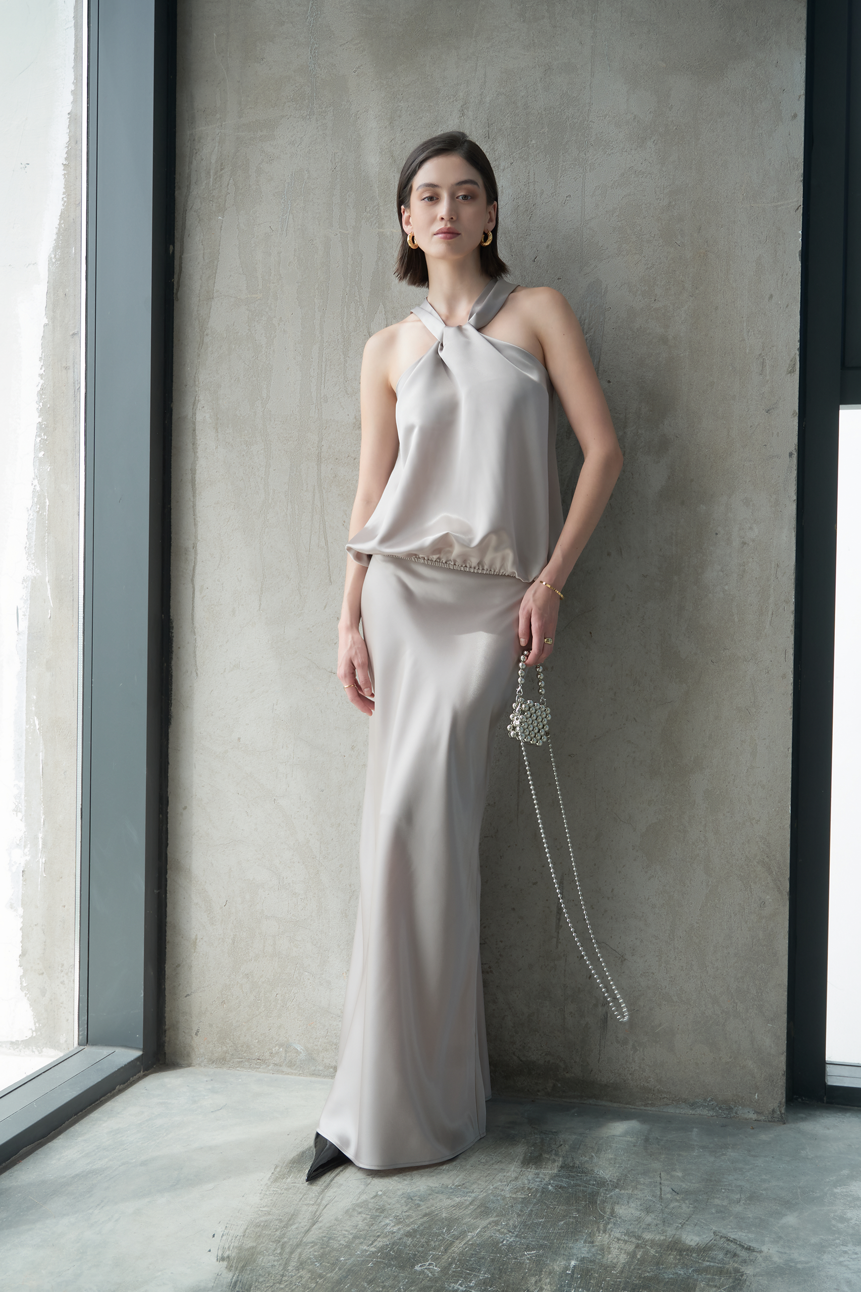 KNOT HALTERNECK SILK-CHARMEUSE TOP - SILVER