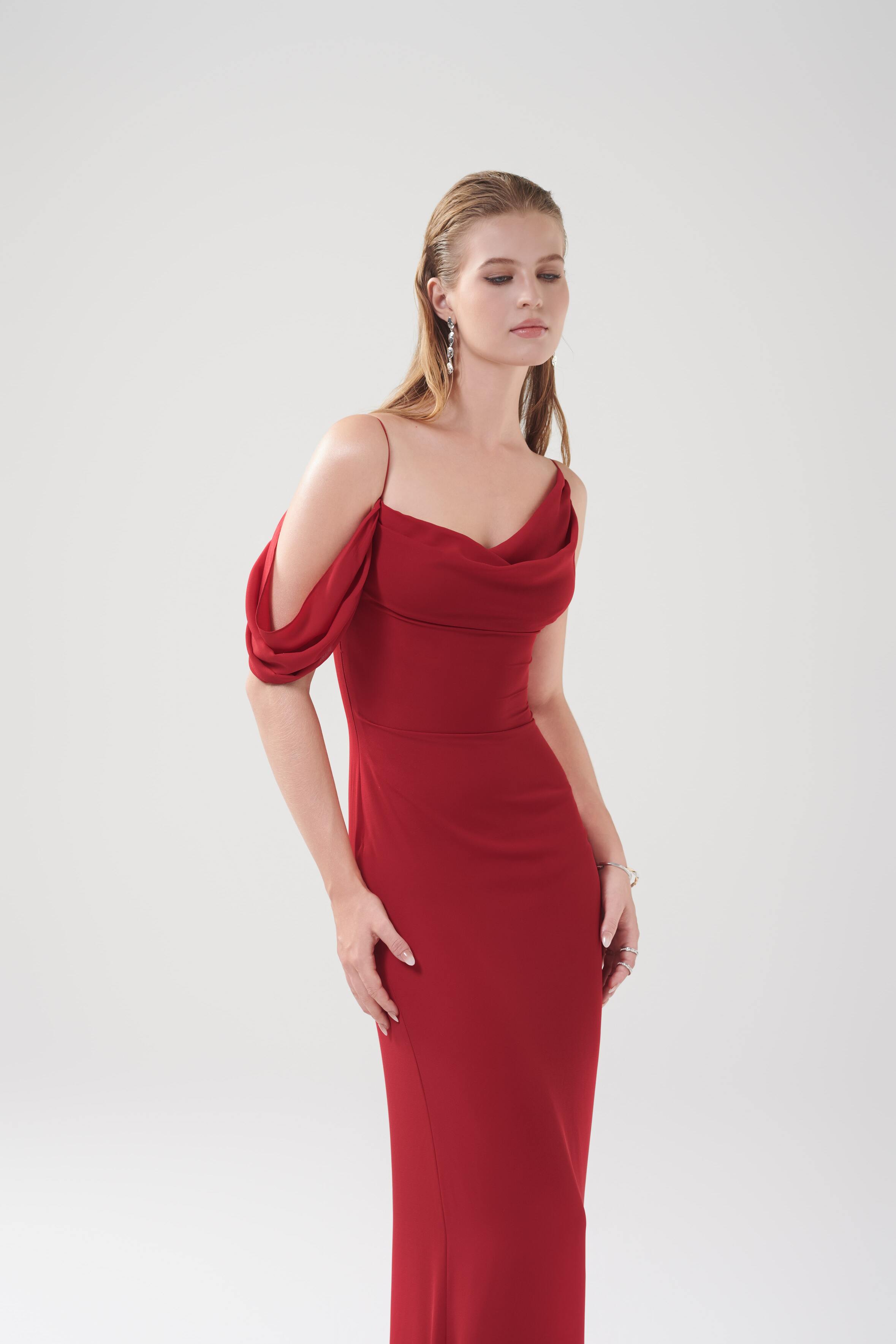 VIVIAN RUFFLE CHIFFON DRESS - Cherry