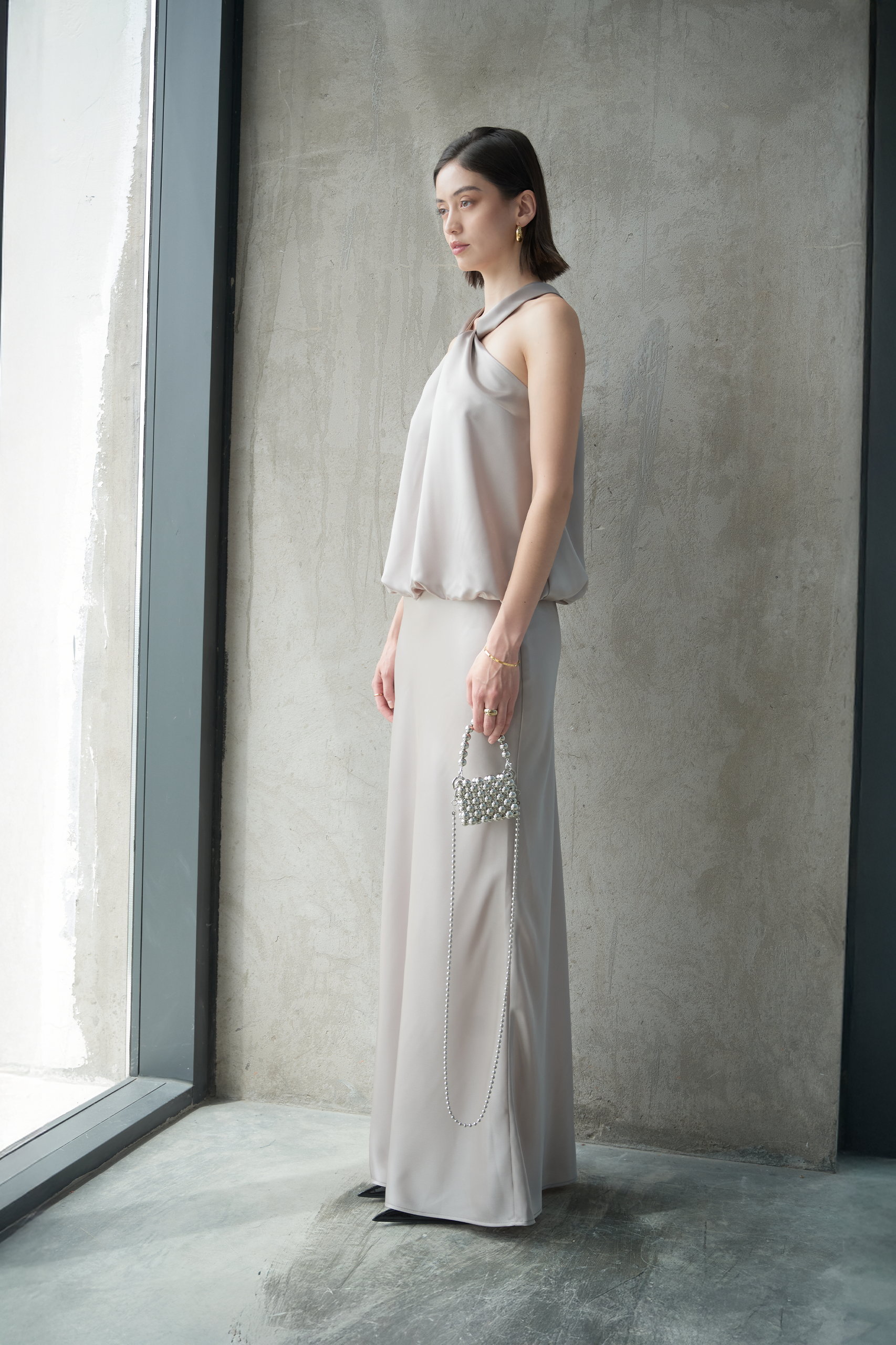 KNOT HALTERNECK SILK-CHARMEUSE TOP - SILVER