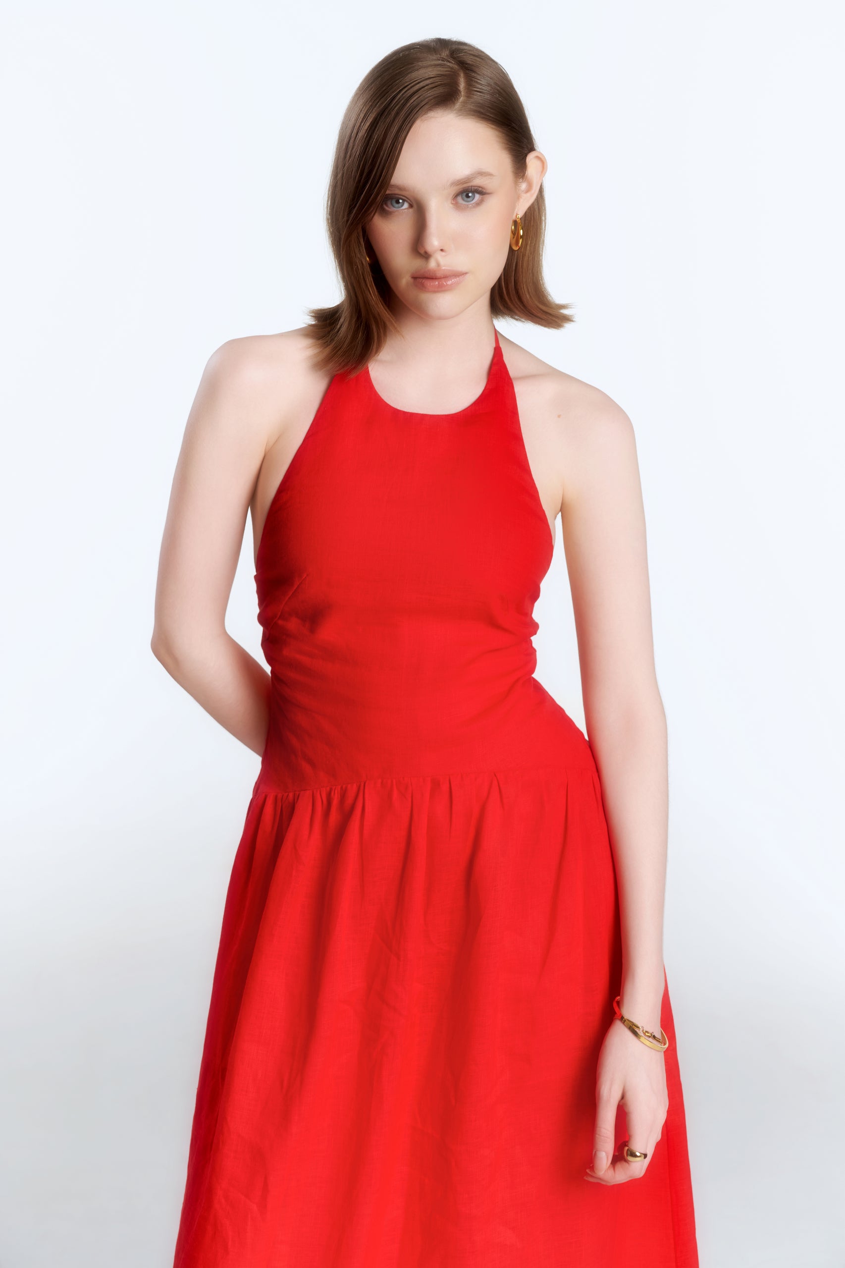 JASMINE HALTERNECK LINEN DRESS - RED
