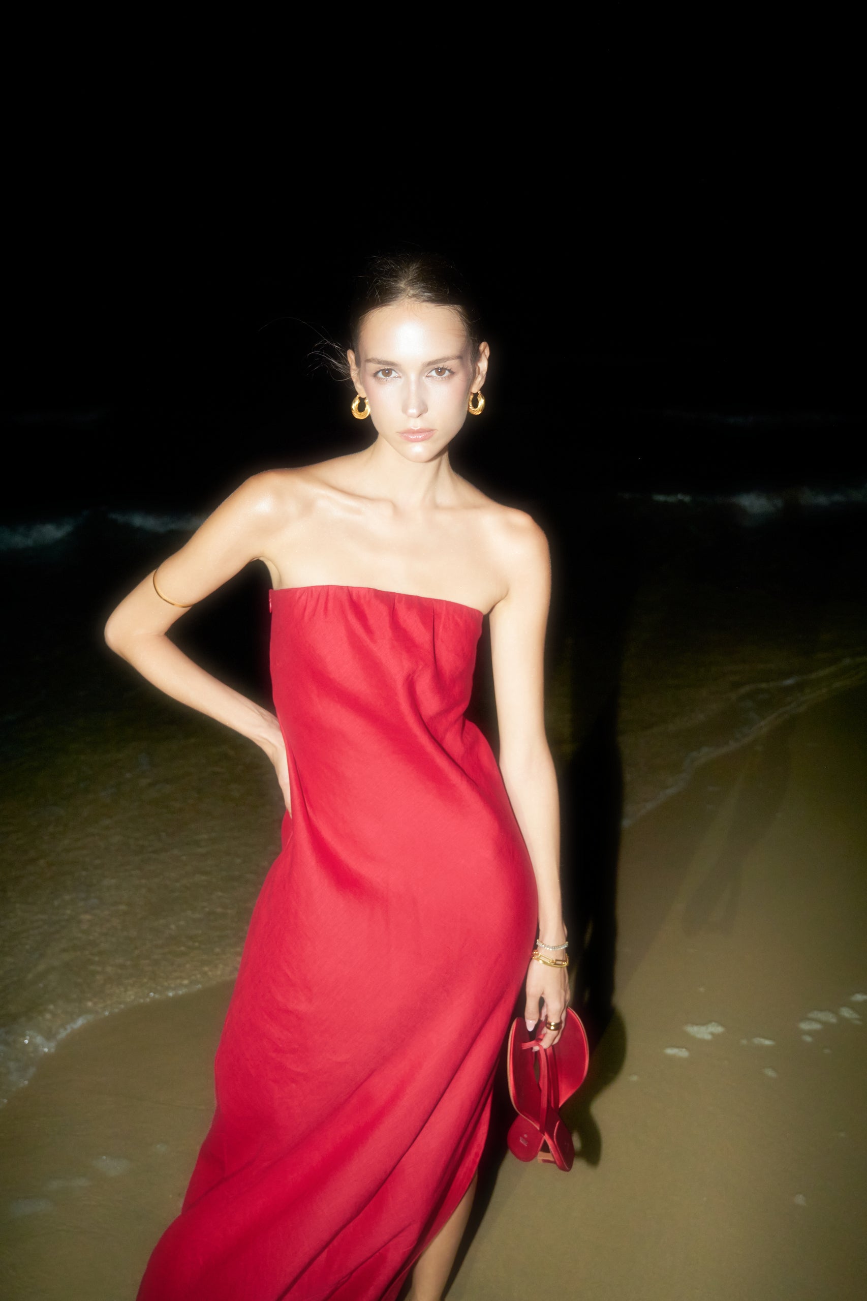 MIA STRAPLESS LINEN DRESS - RED WINE