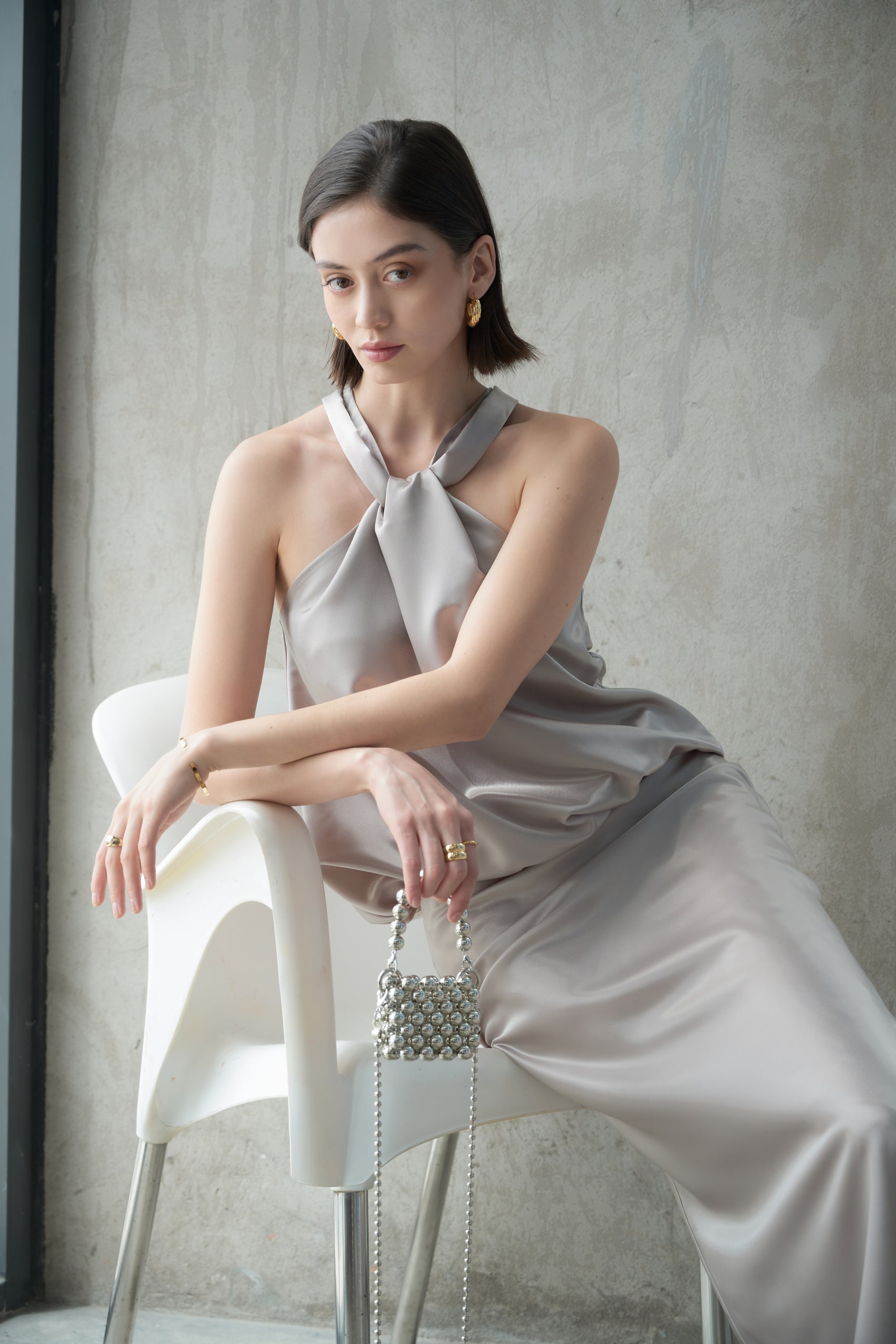 KNOT HALTERNECK SILK-CHARMEUSE TOP - SILVER