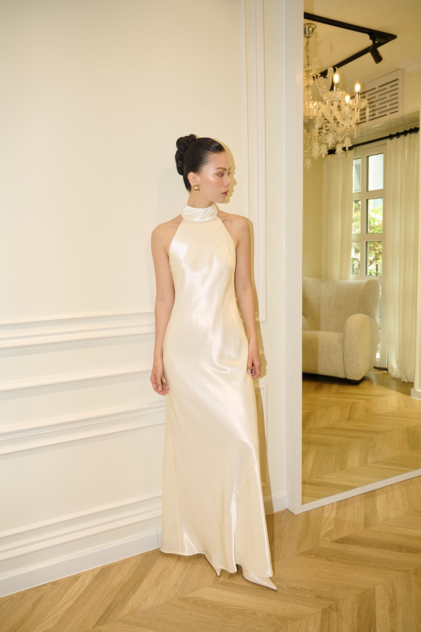 GLORIA HALTERNECK SATIN GOWN - CREAM