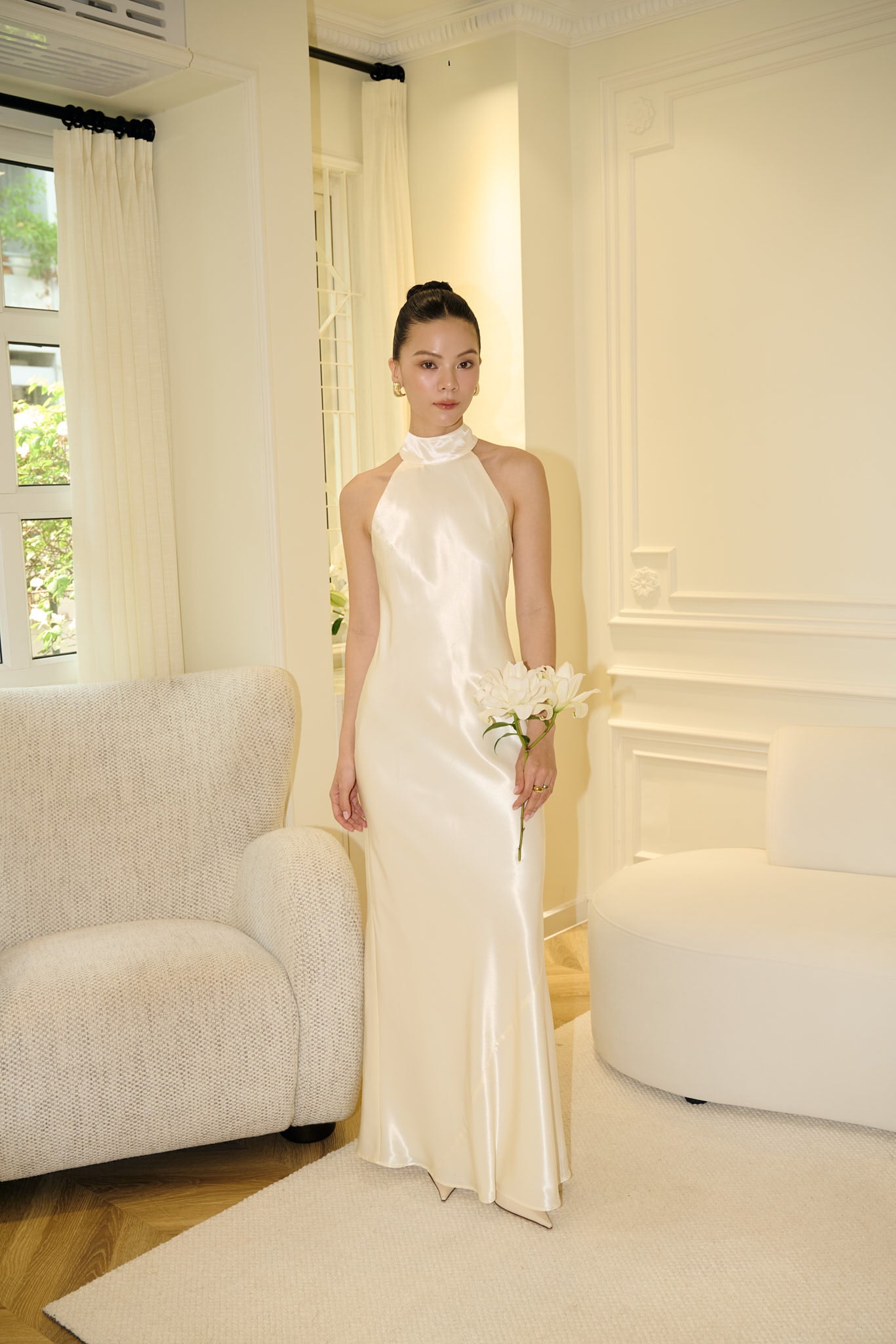 GLORIA HALTERNECK SATIN GOWN - CREAM