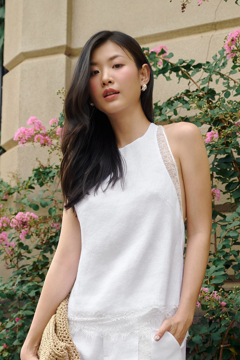 JENNY LACE LINEN TOP - WHITE