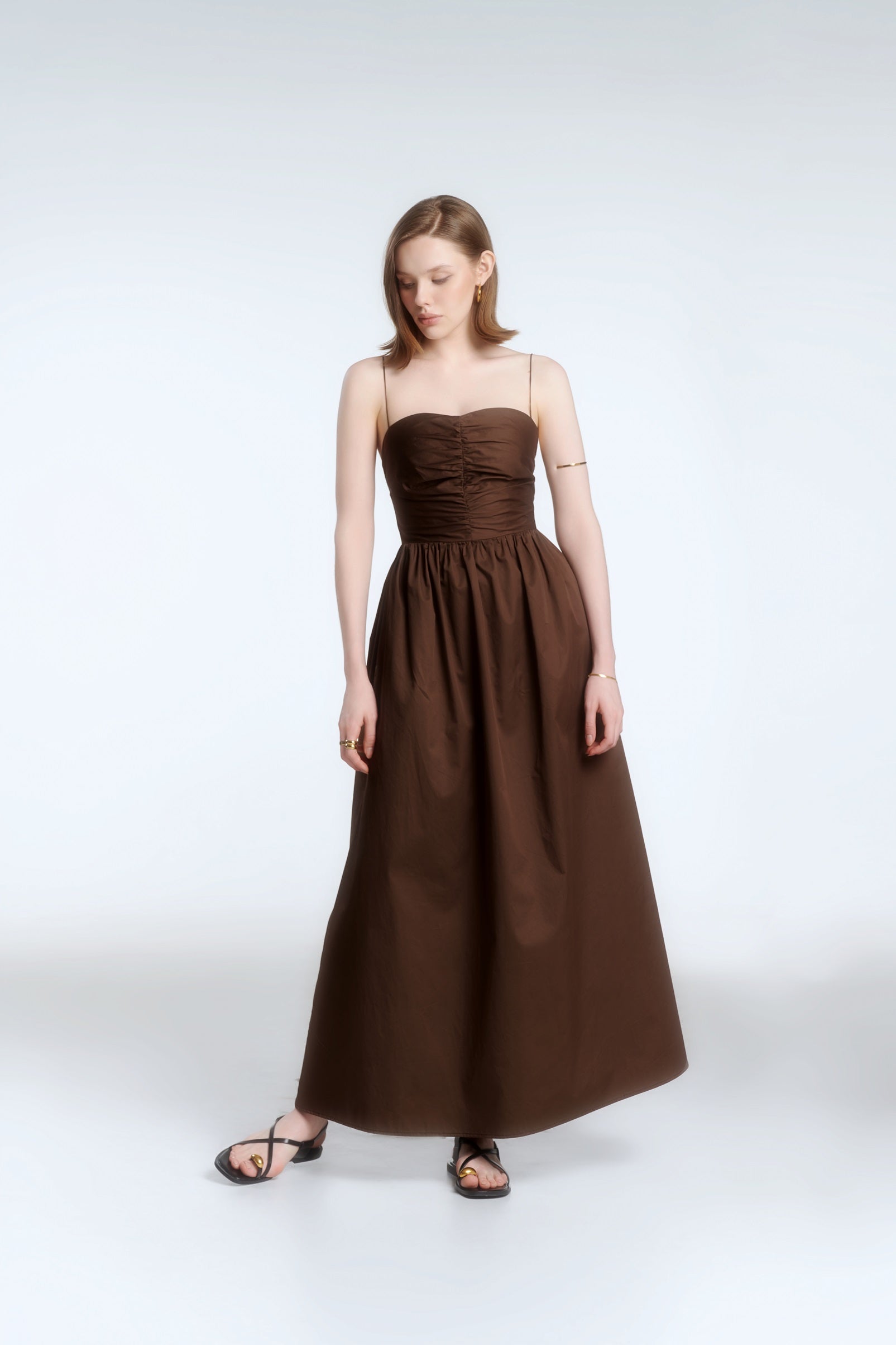 DOLLY CAMI POPLIN DRESS - DARK BROWN