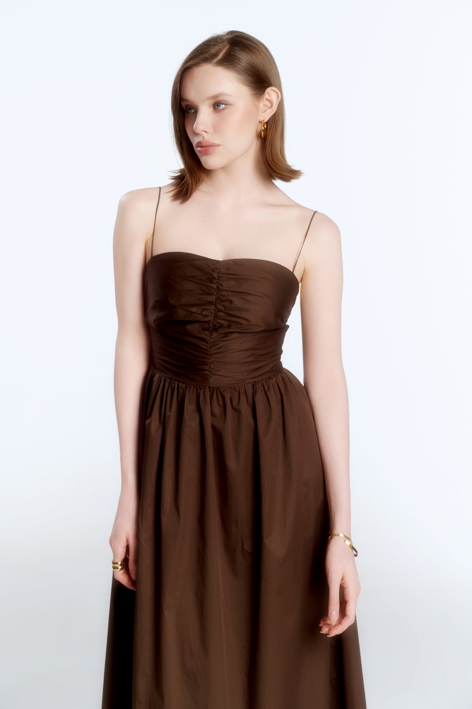 DOLLY CAMI POPLIN DRESS - DARK BROWN