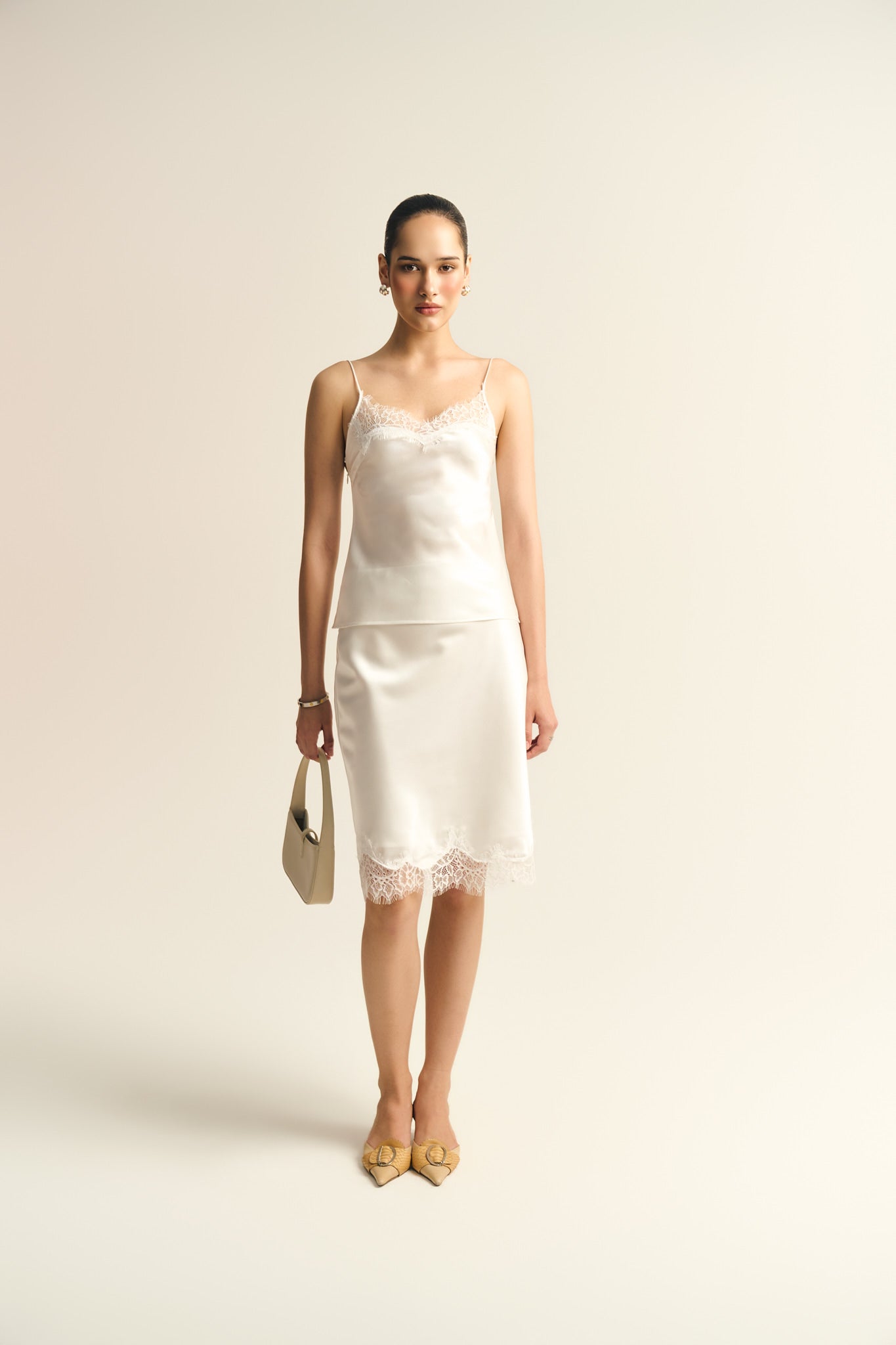 BELLE LACE SATIN TOP - WHITE