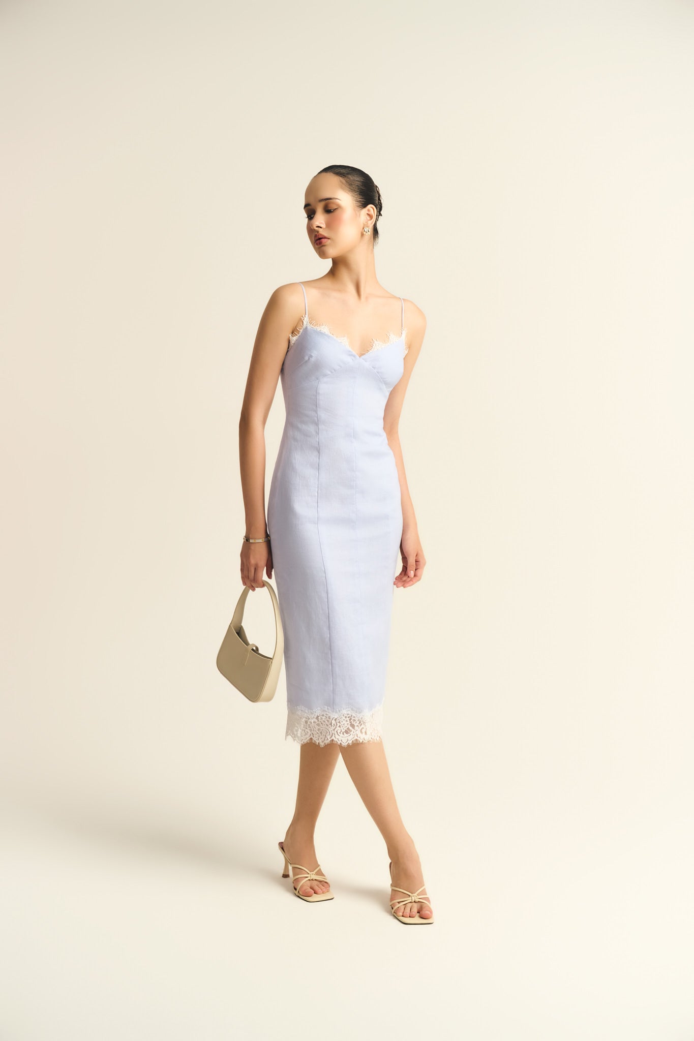BELLE LACE LINEN MIDI DRESS - BABY BLUE