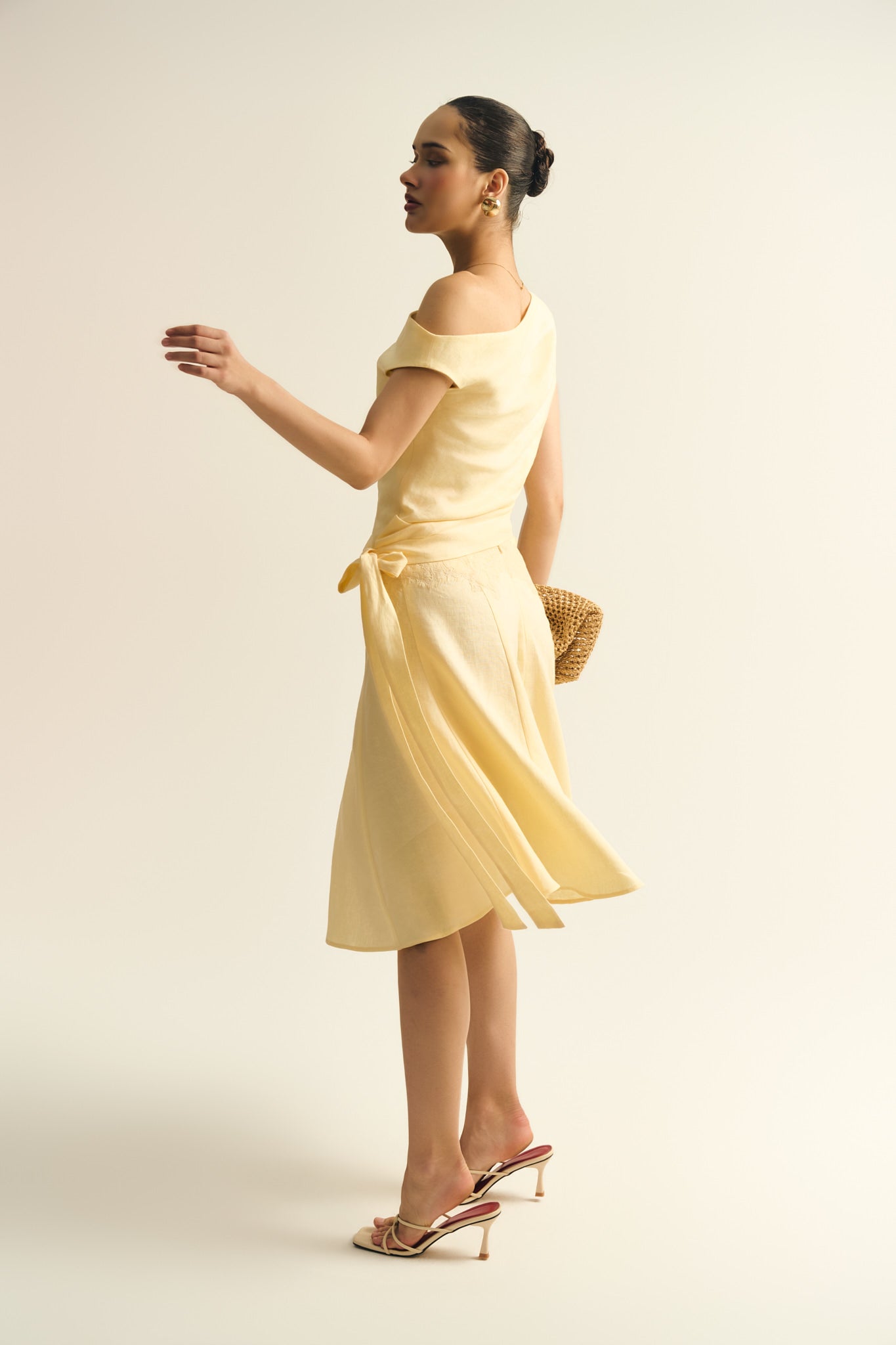 LACE LINEN LOOSE MIDI SKIRT - BUTTER YELLOW