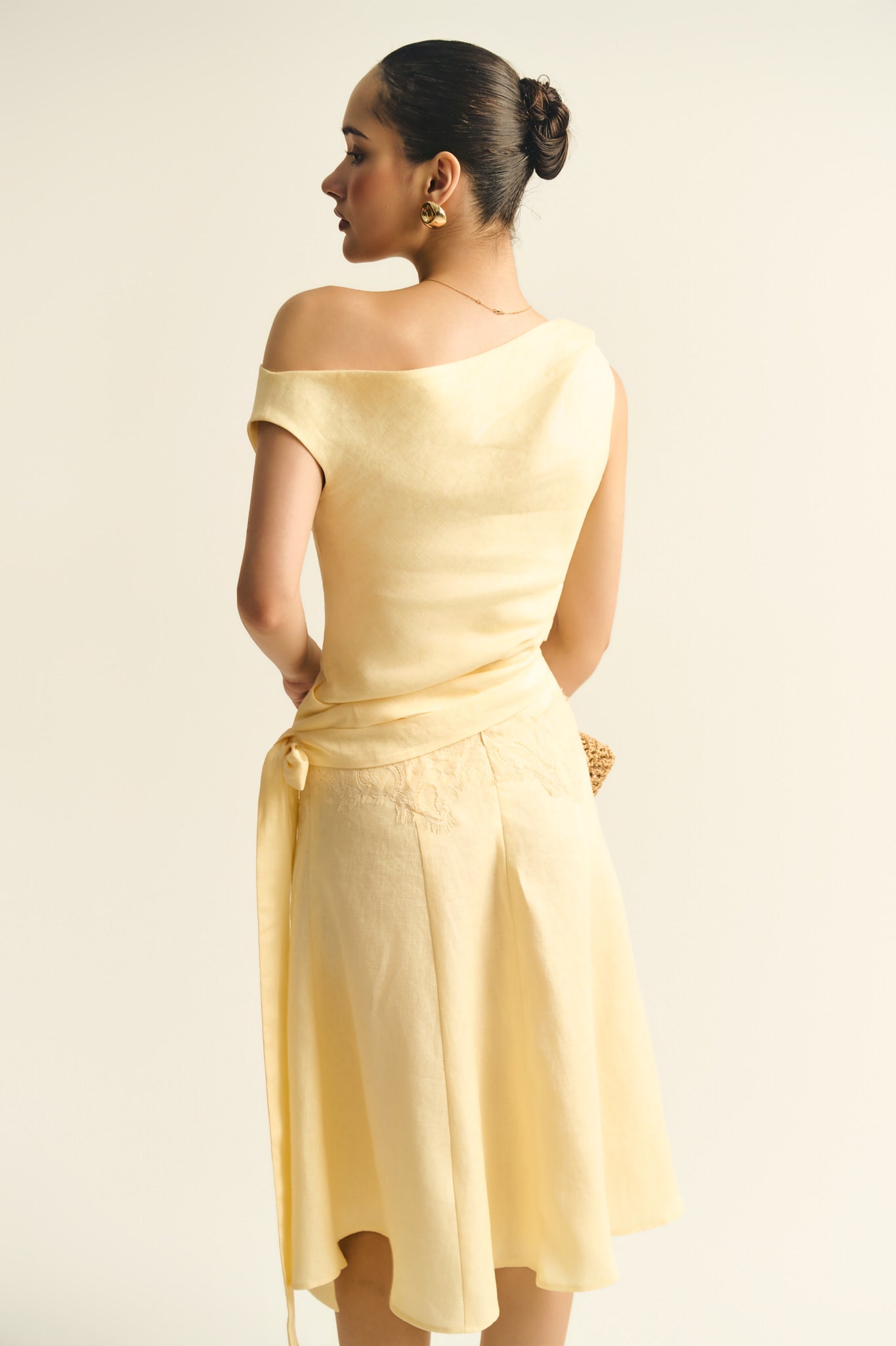 LACE LINEN LOOSE MIDI SKIRT - BUTTER YELLOW