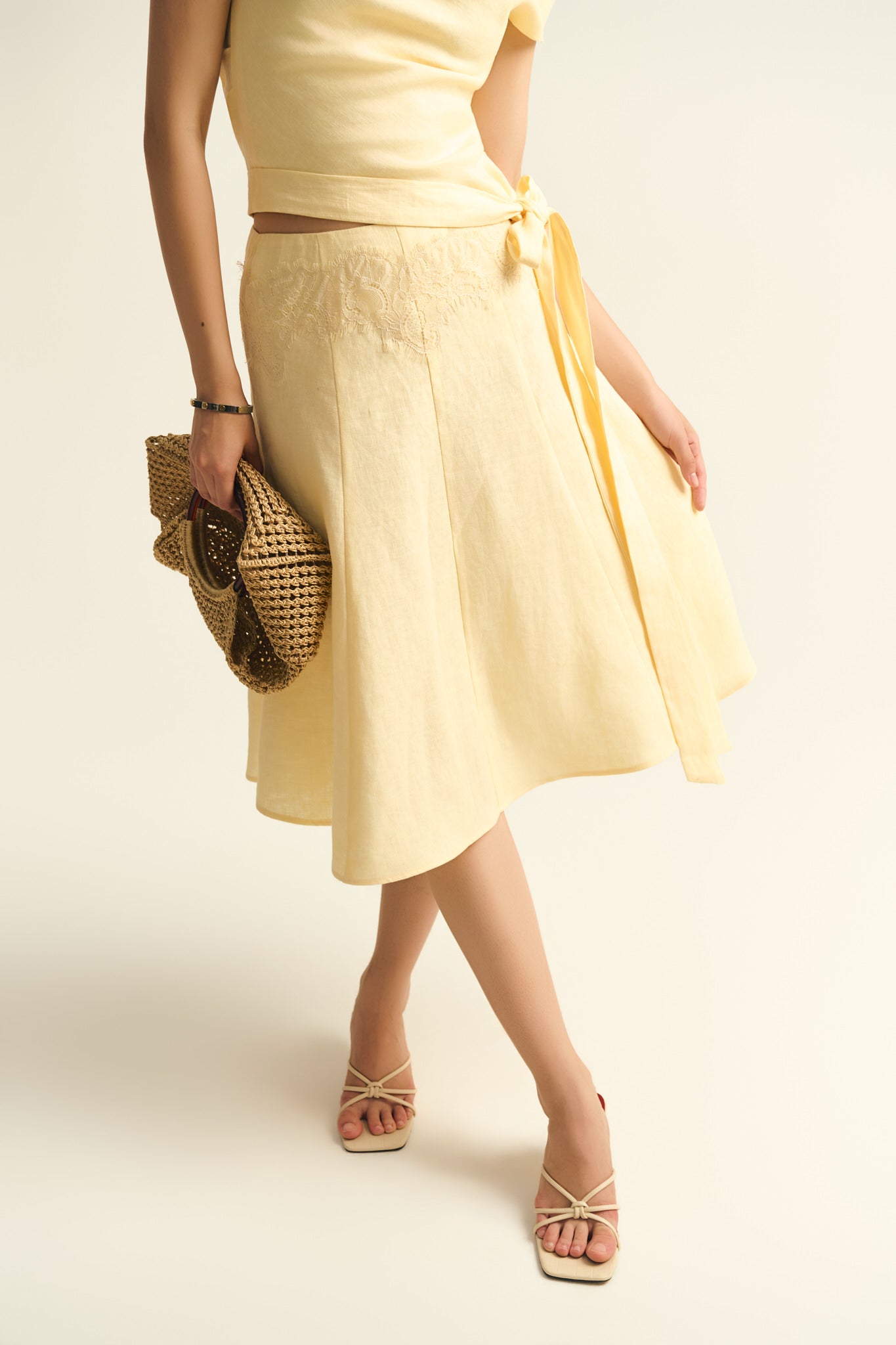 LACE LINEN LOOSE MIDI SKIRT - BUTTER YELLOW
