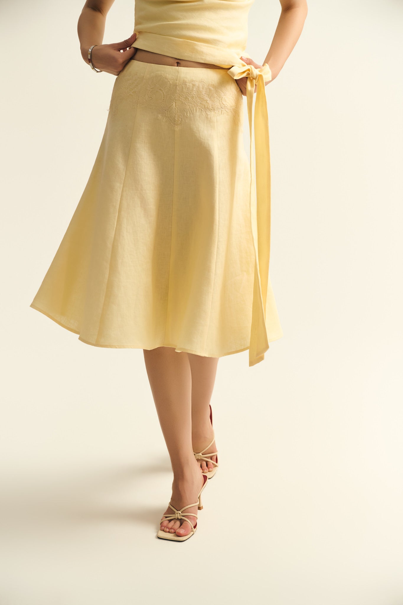 LACE LINEN LOOSE MIDI SKIRT - BUTTER YELLOW