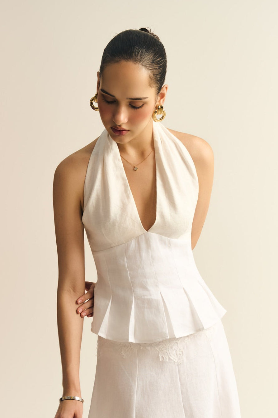 MARGARET PLEATED LINEN TOP - WHITE