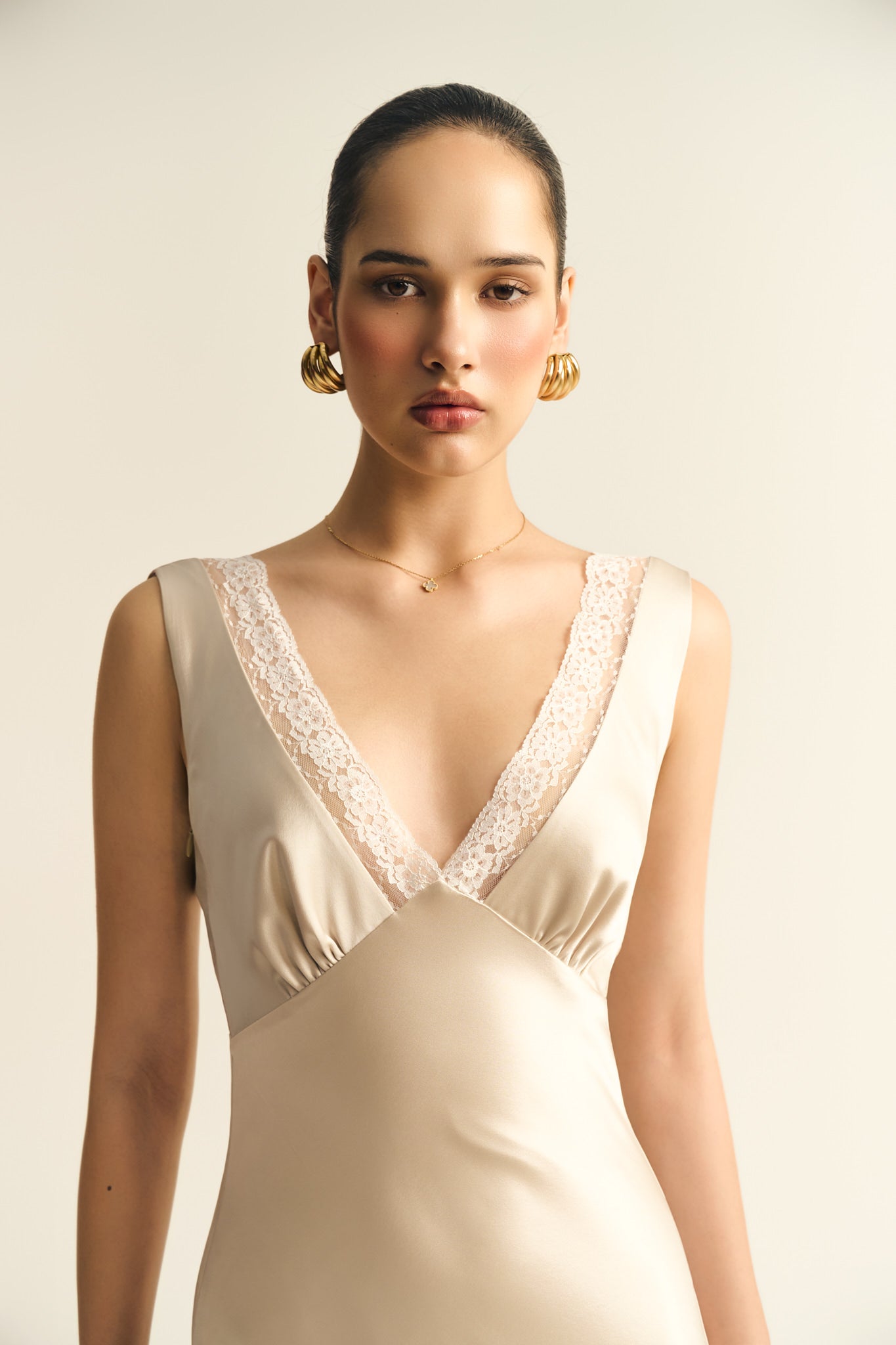 MAISIE LACE SATIN DRESS - BEIGE
