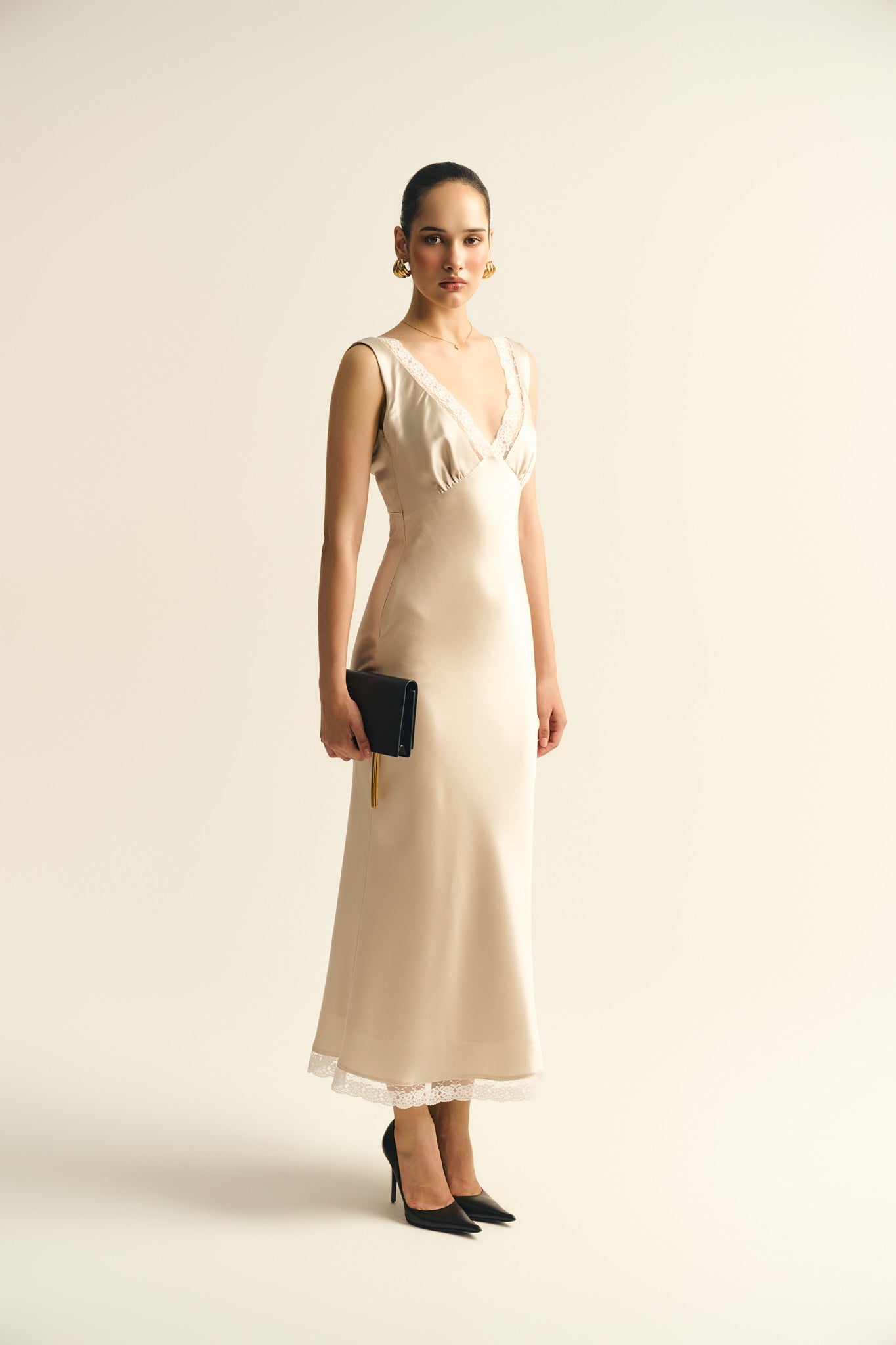 MAISIE LACE SATIN DRESS - BEIGE