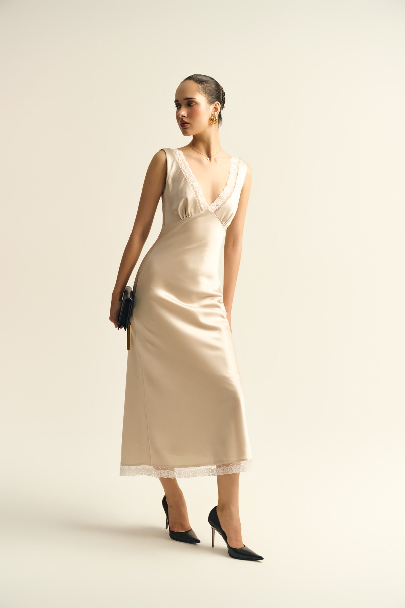 MAISIE LACE SATIN DRESS - BEIGE