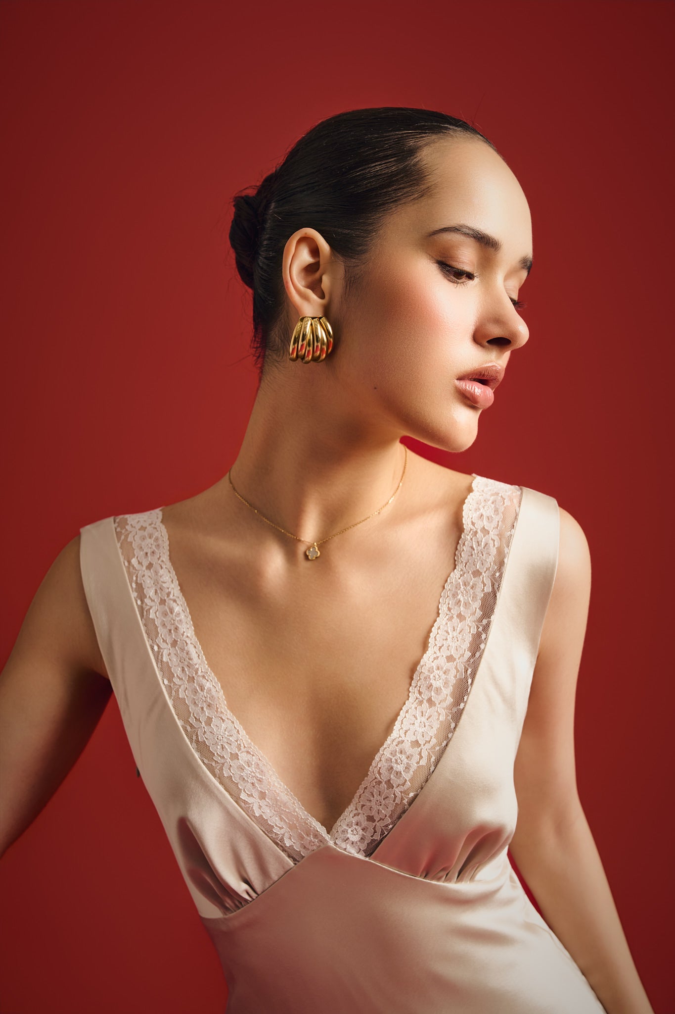 MAISIE LACE SATIN DRESS - BEIGE