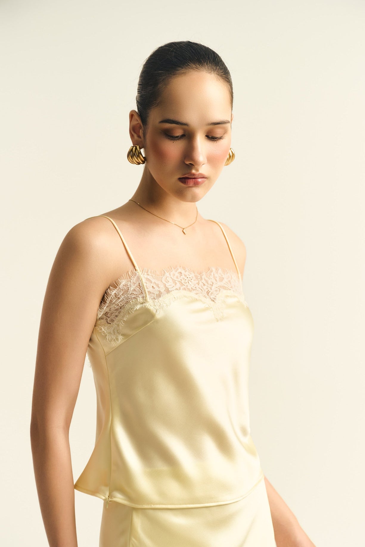 CAMI LACE SATIN TOP - BUTTER YELLOW