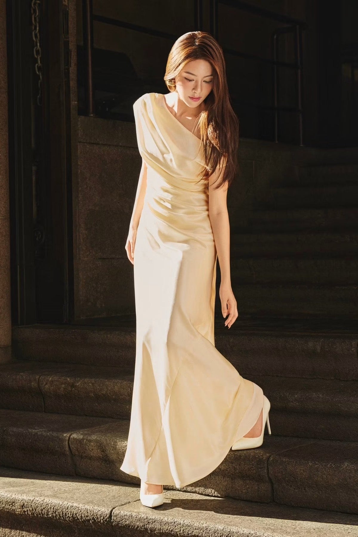 VIVIAN DRAPED SATIN GOWN - YELLOW SAPPHIRE
