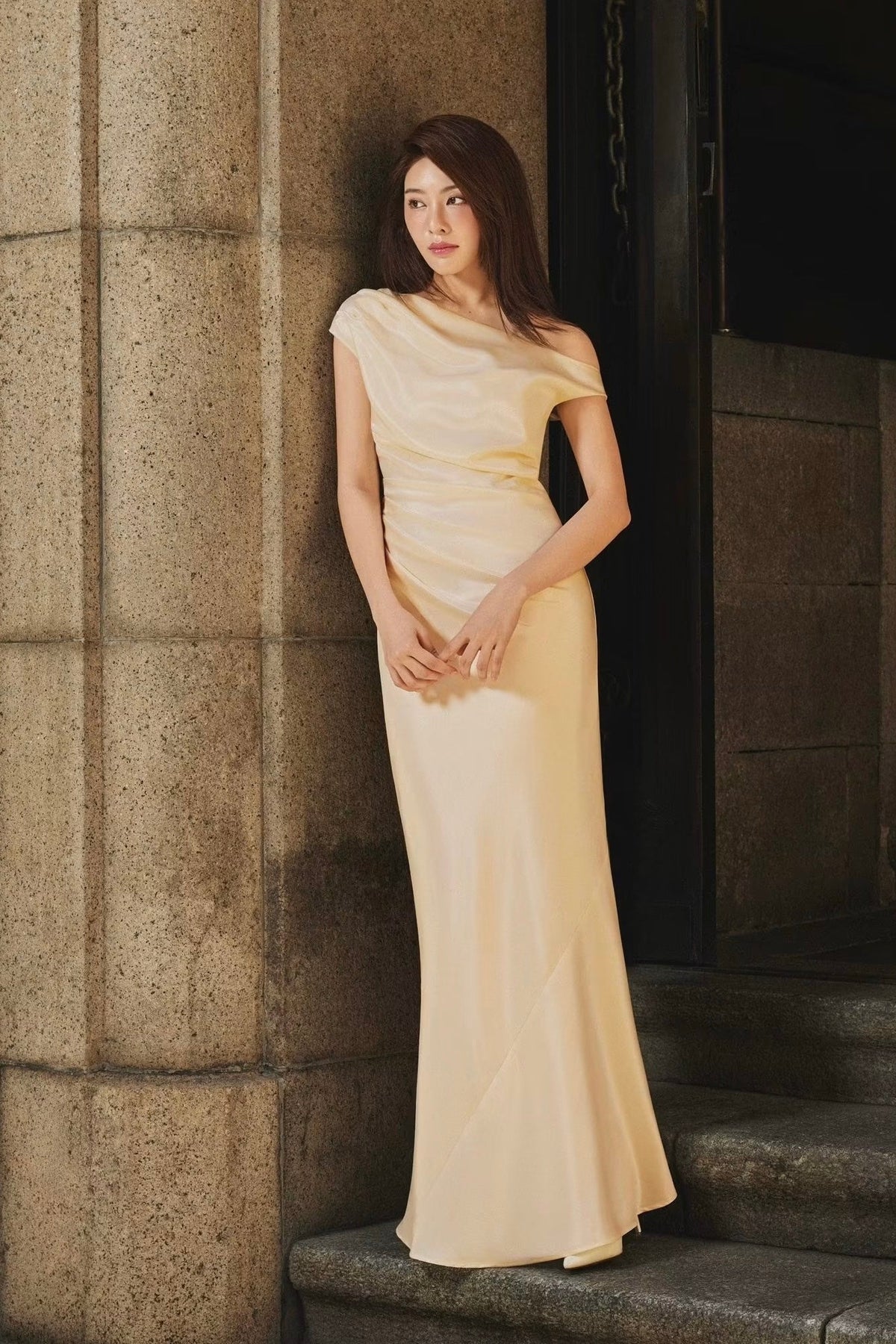 VIVIAN DRAPED SATIN GOWN - YELLOW SAPPHIRE