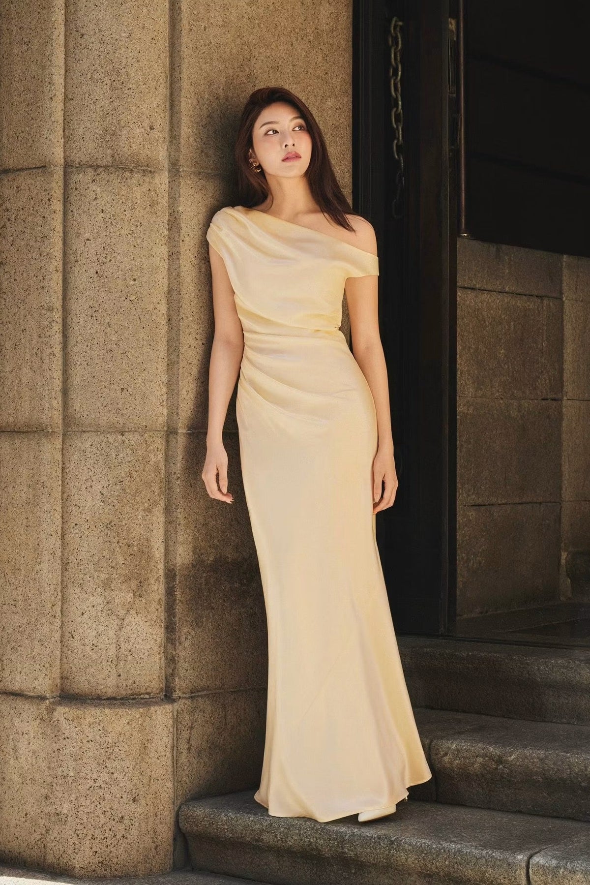 VIVIAN DRAPED SATIN GOWN - YELLOW SAPPHIRE