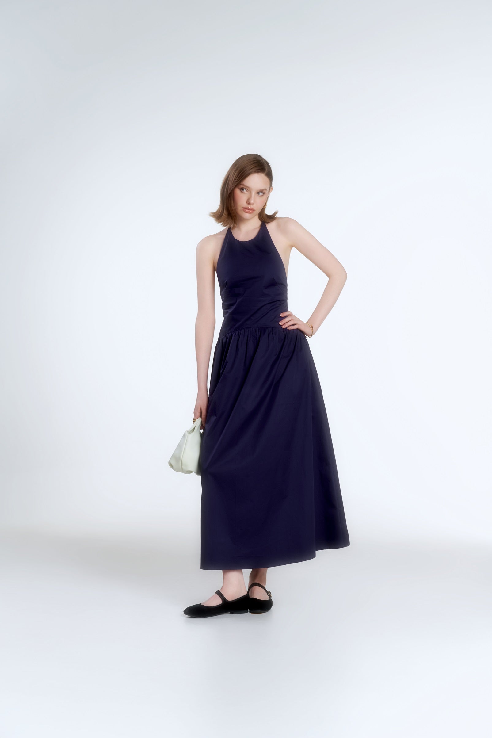 JASMINE HALTERNECK POPLIN DRESS - NAVY
