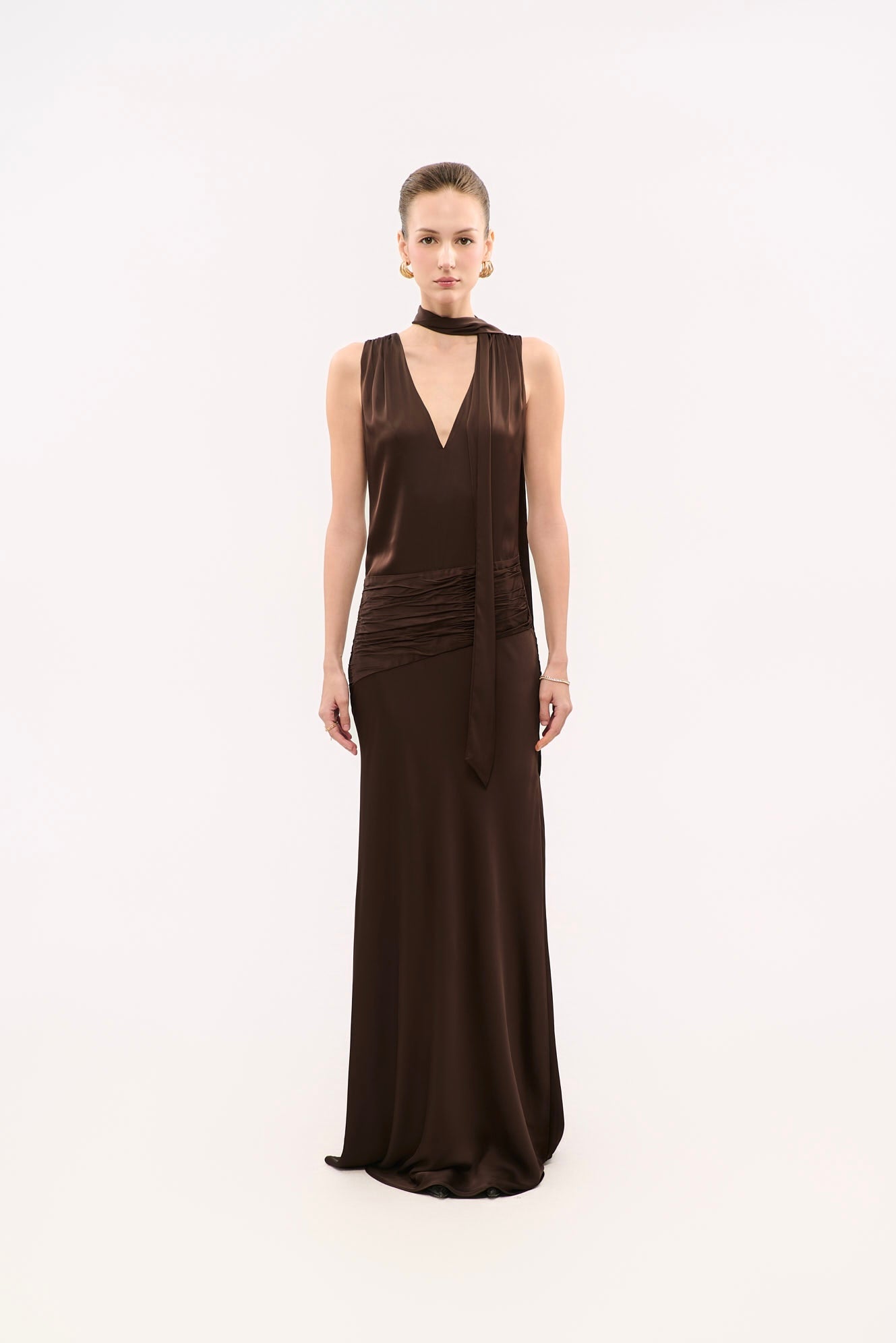 ALMA NECK-TIE SATIN GOWN - DARK BROWN
